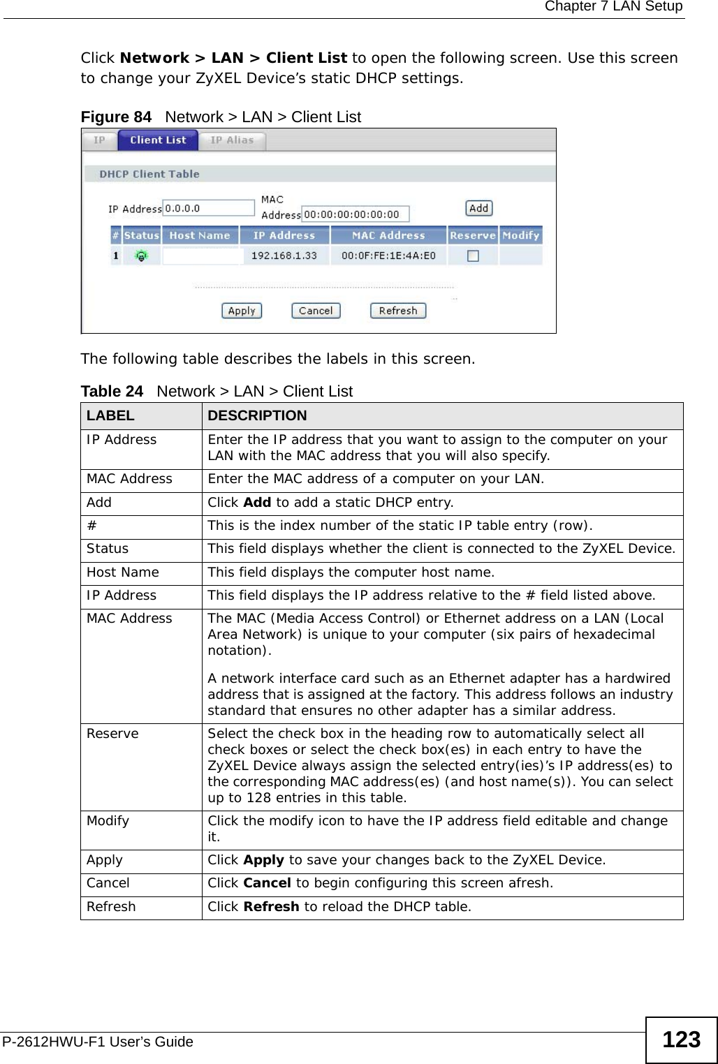  Chapter 7 LAN SetupP-2612HWU-F1 User’s Guide 123Click Network &gt; LAN &gt; Client List to open the following screen. Use this screen to change your ZyXEL Device’s static DHCP settings.Figure 84   Network &gt; LAN &gt; Client ListThe following table describes the labels in this screen.Table 24   Network &gt; LAN &gt; Client List  LABEL DESCRIPTIONIP Address Enter the IP address that you want to assign to the computer on your LAN with the MAC address that you will also specify.MAC Address Enter the MAC address of a computer on your LAN.Add Click Add to add a static DHCP entry. # This is the index number of the static IP table entry (row).Status This field displays whether the client is connected to the ZyXEL Device.Host Name  This field displays the computer host name.IP Address This field displays the IP address relative to the # field listed above.MAC Address The MAC (Media Access Control) or Ethernet address on a LAN (Local Area Network) is unique to your computer (six pairs of hexadecimal notation).A network interface card such as an Ethernet adapter has a hardwired address that is assigned at the factory. This address follows an industry standard that ensures no other adapter has a similar address.Reserve Select the check box in the heading row to automatically select all check boxes or select the check box(es) in each entry to have the ZyXEL Device always assign the selected entry(ies)’s IP address(es) to the corresponding MAC address(es) (and host name(s)). You can select up to 128 entries in this table.  Modify Click the modify icon to have the IP address field editable and change it.Apply Click Apply to save your changes back to the ZyXEL Device.Cancel Click Cancel to begin configuring this screen afresh.Refresh Click Refresh to reload the DHCP table.