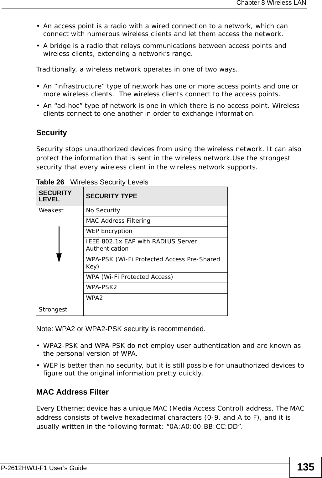  Chapter 8 Wireless LANP-2612HWU-F1 User’s Guide 135• An access point is a radio with a wired connection to a network, which can connect with numerous wireless clients and let them access the network. • A bridge is a radio that relays communications between access points and wireless clients, extending a network’s range. Traditionally, a wireless network operates in one of two ways.• An “infrastructure” type of network has one or more access points and one or more wireless clients.  The wireless clients connect to the access points.• An “ad-hoc” type of network is one in which there is no access point. Wireless clients connect to one another in order to exchange information.SecuritySecurity stops unauthorized devices from using the wireless network. It can also protect the information that is sent in the wireless network.Use the strongest security that every wireless client in the wireless network supports.Note: WPA2 or WPA2-PSK security is recommended.• WPA2-PSK and WPA-PSK do not employ user authentication and are known as the personal version of WPA.• WEP is better than no security, but it is still possible for unauthorized devices to figure out the original information pretty quickly.MAC Address FilterEvery Ethernet device has a unique MAC (Media Access Control) address. The MAC address consists of twelve hexadecimal characters (0-9, and A to F), and it is usually written in the following format: “0A:A0:00:BB:CC:DD”. Table 26   Wireless Security LevelsSECURITY LEVEL SECURITY TYPEWeakest  StrongestNo SecurityMAC Address FilteringWEP EncryptionIEEE 802.1x EAP with RADIUS Server AuthenticationWPA-PSK (Wi-Fi Protected Access Pre-Shared Key)WPA (Wi-Fi Protected Access)WPA-PSK2WPA2