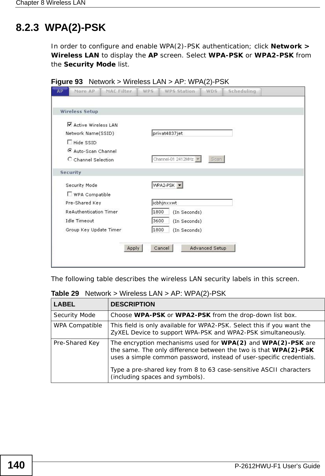 Chapter 8 Wireless LANP-2612HWU-F1 User’s Guide1408.2.3  WPA(2)-PSK In order to configure and enable WPA(2)-PSK authentication; click Network &gt; Wireless LAN to display the AP screen. Select WPA-PSK or WPA2-PSK from the Security Mode list.Figure 93   Network &gt; Wireless LAN &gt; AP: WPA(2)-PSKThe following table describes the wireless LAN security labels in this screen.Table 29   Network &gt; Wireless LAN &gt; AP: WPA(2)-PSKLABEL DESCRIPTIONSecurity Mode Choose WPA-PSK or WPA2-PSK from the drop-down list box.WPA Compatible This field is only available for WPA2-PSK. Select this if you want the ZyXEL Device to support WPA-PSK and WPA2-PSK simultaneously.Pre-Shared Key  The encryption mechanisms used for WPA(2) and WPA(2)-PSK are the same. The only difference between the two is that WPA(2)-PSK uses a simple common password, instead of user-specific credentials.Type a pre-shared key from 8 to 63 case-sensitive ASCII characters (including spaces and symbols).