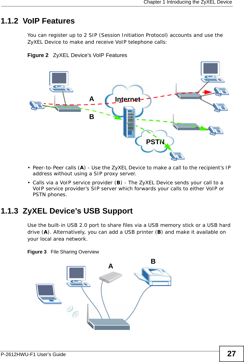  Chapter 1 Introducing the ZyXEL DeviceP-2612HWU-F1 User’s Guide 271.1.2  VoIP FeaturesYou can register up to 2 SIP (Session Initiation Protocol) accounts and use the ZyXEL Device to make and receive VoIP telephone calls:Figure 2   ZyXEL Device’s VoIP Features• Peer-to-Peer calls (A) - Use the ZyXEL Device to make a call to the recipient’s IP address without using a SIP proxy server. • Calls via a VoIP service provider (B) - The ZyXEL Device sends your call to a VoIP service provider’s SIP server which forwards your calls to either VoIP or PSTN phones.1.1.3  ZyXEL Device’s USB SupportUse the built-in USB 2.0 port to share files via a USB memory stick or a USB hard drive (A). Alternatively, you can add a USB printer (B) and make it available on your local area network.Figure 3   File Sharing OverviewInternetPSTNABAB