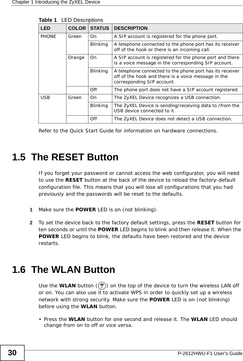 Chapter 1 Introducing the ZyXEL DeviceP-2612HWU-F1 User’s Guide30Refer to the Quick Start Guide for information on hardware connections. 1.5  The RESET ButtonIf you forget your password or cannot access the web configurator, you will need to use the RESET button at the back of the device to reload the factory-default configuration file. This means that you will lose all configurations that you had previously and the passwords will be reset to the defaults. 1Make sure the POWER LED is on (not blinking).2To set the device back to the factory default settings, press the RESET button for ten seconds or until the POWER LED begins to blink and then release it. When the POWER LED begins to blink, the defaults have been restored and the device restarts.1.6  The WLAN ButtonUse the WLAN button ( ) on the top of the device to turn the wireless LAN off or on. You can also use it to activate WPS in order to quickly set up a wireless network with strong security. Make sure the POWER LED is on (not blinking) before using the WLAN button.•Press the WLAN button for one second and release it. The WLAN LED should change from on to off or vice versa.PHONE  Green On A SIP account is registered for the phone port.Blinking A telephone connected to the phone port has its receiver off of the hook or there is an incoming call.Orange On A SIP account is registered for the phone port and there is a voice message in the corresponding SIP account.Blinking A telephone connected to the phone port has its receiver off of the hook and there is a voice message in the corresponding SIP account.Off The phone port does not have a SIP account registered.USB Green On The ZyXEL Device recognizes a USB connection.Blinking The ZyXEL Device is sending/receiving data to /from the USB device connected to it.Off The ZyXEL Device does not detect a USB connection.Table 1   LED DescriptionsLED COLOR STATUS DESCRIPTION