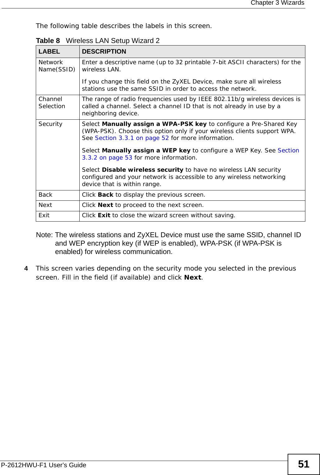  Chapter 3 WizardsP-2612HWU-F1 User’s Guide 51The following table describes the labels in this screen.Note: The wireless stations and ZyXEL Device must use the same SSID, channel ID and WEP encryption key (if WEP is enabled), WPA-PSK (if WPA-PSK is enabled) for wireless communication.4This screen varies depending on the security mode you selected in the previous screen. Fill in the field (if available) and click Next.Table 8   Wireless LAN Setup Wizard 2LABEL DESCRIPTIONNetwork Name(SSID) Enter a descriptive name (up to 32 printable 7-bit ASCII characters) for the wireless LAN. If you change this field on the ZyXEL Device, make sure all wireless stations use the same SSID in order to access the network. Channel Selection The range of radio frequencies used by IEEE 802.11b/g wireless devices is called a channel. Select a channel ID that is not already in use by a neighboring device.Security Select Manually assign a WPA-PSK key to configure a Pre-Shared Key (WPA-PSK). Choose this option only if your wireless clients support WPA. See Section 3.3.1 on page 52 for more information.Select Manually assign a WEP key to configure a WEP Key. See Section 3.3.2 on page 53 for more information.Select Disable wireless security to have no wireless LAN security configured and your network is accessible to any wireless networking device that is within range.Back Click Back to display the previous screen.Next Click Next to proceed to the next screen. Exit Click Exit to close the wizard screen without saving.