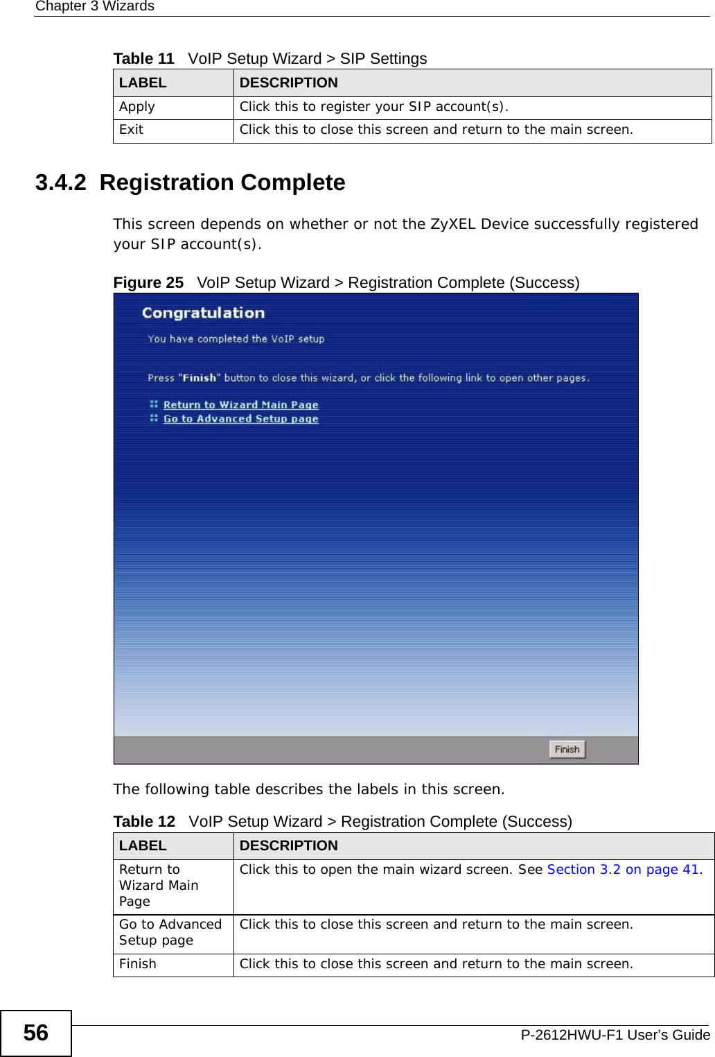 Chapter 3 WizardsP-2612HWU-F1 User’s Guide563.4.2  Registration CompleteThis screen depends on whether or not the ZyXEL Device successfully registered your SIP account(s).Figure 25   VoIP Setup Wizard &gt; Registration Complete (Success)The following table describes the labels in this screen.Apply Click this to register your SIP account(s).Exit Click this to close this screen and return to the main screen.Table 11   VoIP Setup Wizard &gt; SIP SettingsLABEL DESCRIPTIONTable 12   VoIP Setup Wizard &gt; Registration Complete (Success)LABEL DESCRIPTIONReturn to Wizard Main PageClick this to open the main wizard screen. See Section 3.2 on page 41.Go to Advanced Setup page Click this to close this screen and return to the main screen.Finish Click this to close this screen and return to the main screen.