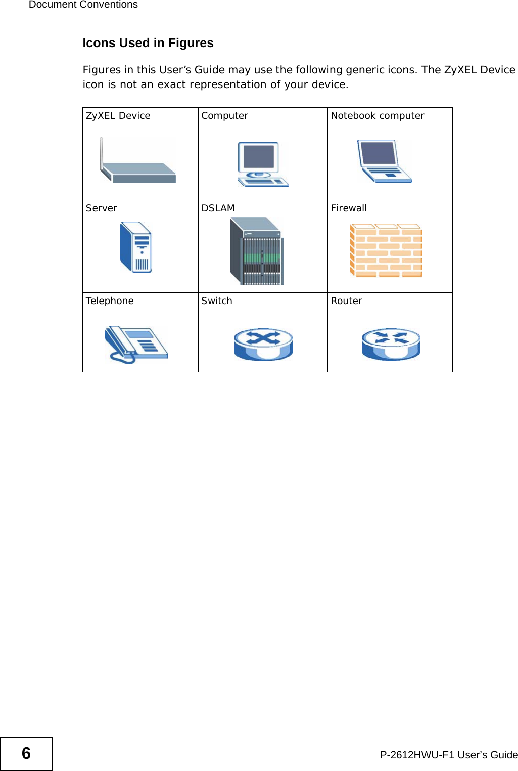 Document ConventionsP-2612HWU-F1 User’s Guide6Icons Used in FiguresFigures in this User’s Guide may use the following generic icons. The ZyXEL Device icon is not an exact representation of your device.ZyXEL Device Computer Notebook computerServer DSLAM FirewallTelephone Switch Router