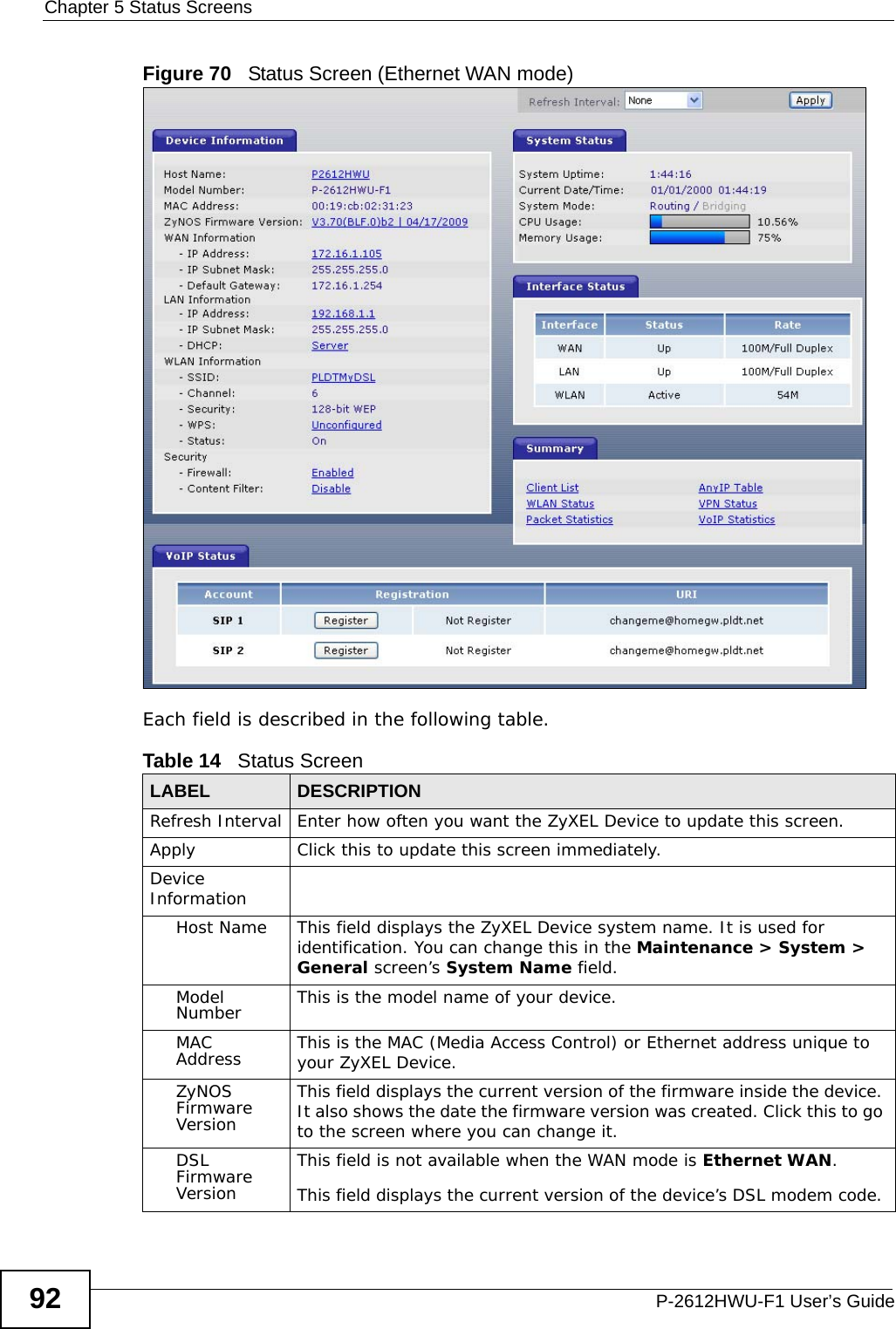 Chapter 5 Status ScreensP-2612HWU-F1 User’s Guide92Figure 70   Status Screen (Ethernet WAN mode)Each field is described in the following table.Table 14   Status ScreenLABEL DESCRIPTIONRefresh Interval Enter how often you want the ZyXEL Device to update this screen.Apply Click this to update this screen immediately.Device InformationHost Name This field displays the ZyXEL Device system name. It is used for identification. You can change this in the Maintenance &gt; System &gt; General screen’s System Name field.Model Number This is the model name of your device.MAC Address This is the MAC (Media Access Control) or Ethernet address unique to your ZyXEL Device.ZyNOS Firmware VersionThis field displays the current version of the firmware inside the device. It also shows the date the firmware version was created. Click this to go to the screen where you can change it.DSL Firmware VersionThis field is not available when the WAN mode is Ethernet WAN.This field displays the current version of the device’s DSL modem code. 