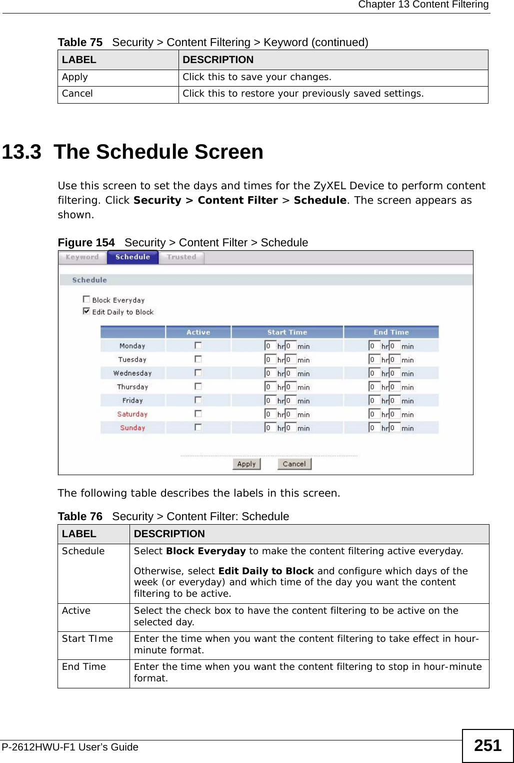  Chapter 13 Content FilteringP-2612HWU-F1 User’s Guide 25113.3  The Schedule Screen Use this screen to set the days and times for the ZyXEL Device to perform content filtering. Click Security &gt; Content Filter &gt; Schedule. The screen appears as shown.Figure 154   Security &gt; Content Filter &gt; ScheduleThe following table describes the labels in this screen.  Apply Click this to save your changes.Cancel Click this to restore your previously saved settings.Table 75   Security &gt; Content Filtering &gt; Keyword (continued)LABEL DESCRIPTIONTable 76   Security &gt; Content Filter: ScheduleLABEL DESCRIPTIONSchedule Select Block Everyday to make the content filtering active everyday.Otherwise, select Edit Daily to Block and configure which days of the week (or everyday) and which time of the day you want the content filtering to be active. Active Select the check box to have the content filtering to be active on the selected day.Start TIme Enter the time when you want the content filtering to take effect in hour-minute format.End Time Enter the time when you want the content filtering to stop in hour-minute format. 