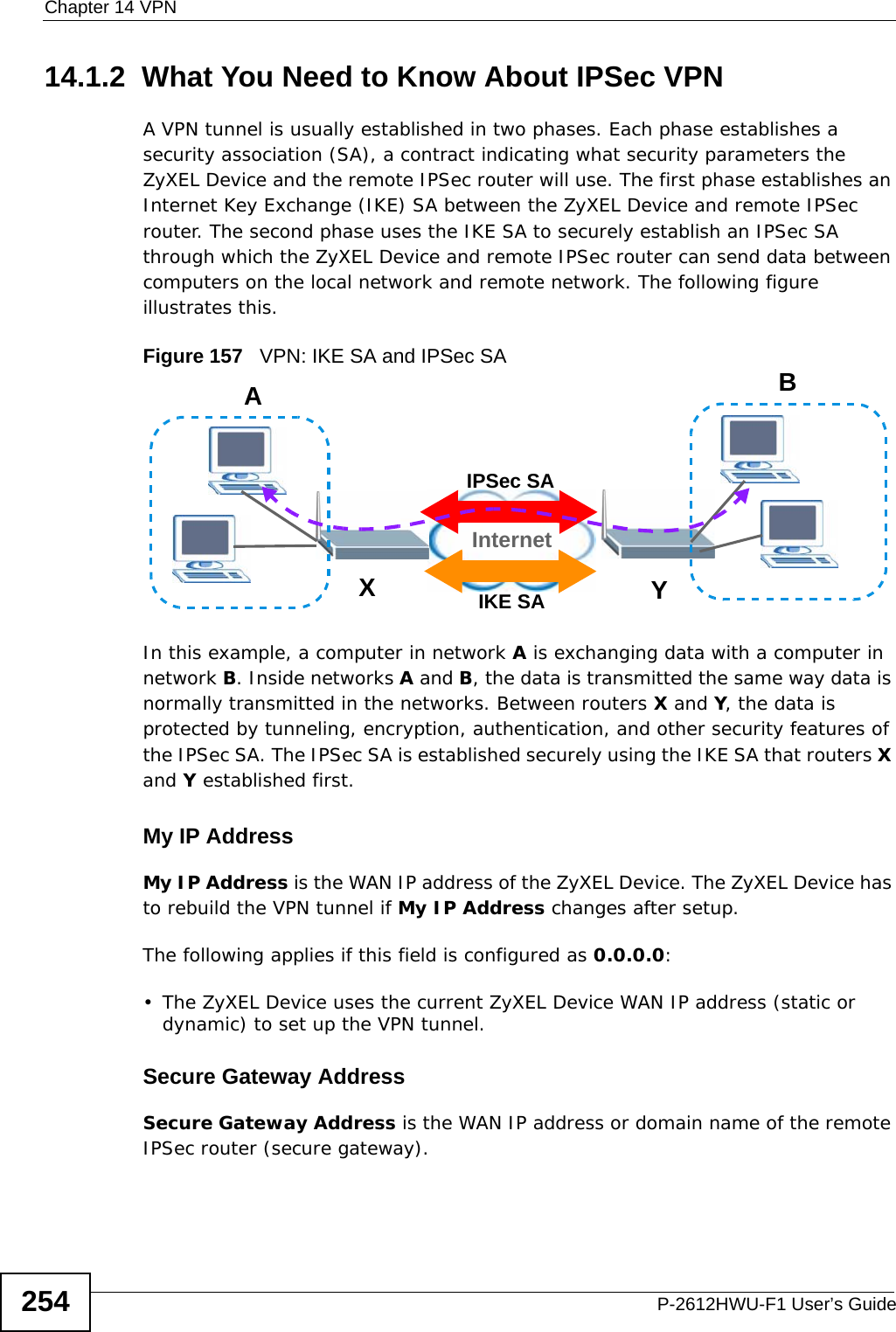 Chapter 14 VPNP-2612HWU-F1 User’s Guide25414.1.2  What You Need to Know About IPSec VPNA VPN tunnel is usually established in two phases. Each phase establishes a security association (SA), a contract indicating what security parameters the ZyXEL Device and the remote IPSec router will use. The first phase establishes an Internet Key Exchange (IKE) SA between the ZyXEL Device and remote IPSec router. The second phase uses the IKE SA to securely establish an IPSec SA through which the ZyXEL Device and remote IPSec router can send data between computers on the local network and remote network. The following figure illustrates this.Figure 157   VPN: IKE SA and IPSec SA In this example, a computer in network A is exchanging data with a computer in network B. Inside networks A and B, the data is transmitted the same way data is normally transmitted in the networks. Between routers X and Y, the data is protected by tunneling, encryption, authentication, and other security features of the IPSec SA. The IPSec SA is established securely using the IKE SA that routers X and Y established first.My IP AddressMy IP Address is the WAN IP address of the ZyXEL Device. The ZyXEL Device has to rebuild the VPN tunnel if My IP Address changes after setup.The following applies if this field is configured as 0.0.0.0:• The ZyXEL Device uses the current ZyXEL Device WAN IP address (static or dynamic) to set up the VPN tunnel. Secure Gateway AddressSecure Gateway Address is the WAN IP address or domain name of the remote IPSec router (secure gateway).AXYInternetBIPSec SAIKE SA