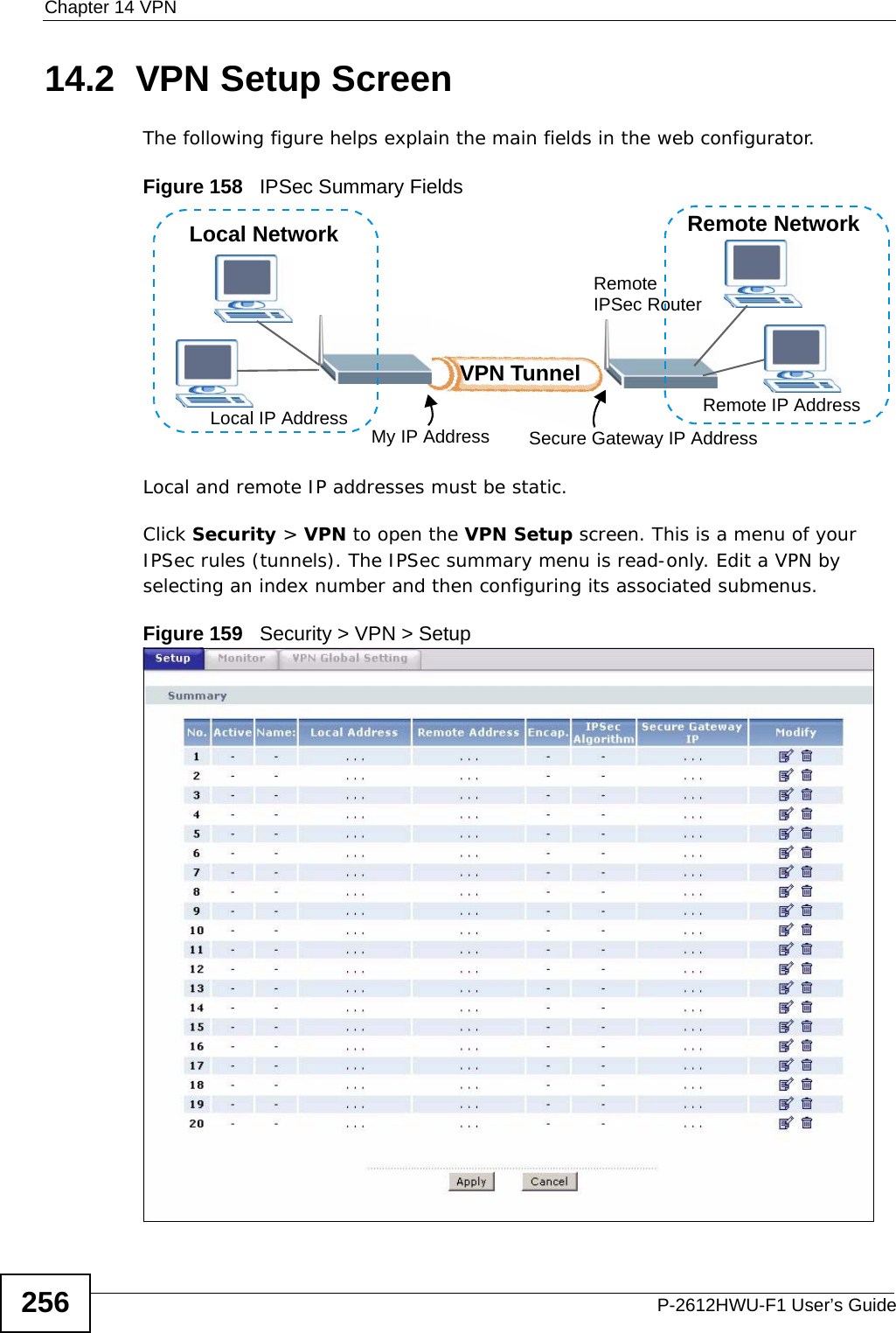 Chapter 14 VPNP-2612HWU-F1 User’s Guide25614.2  VPN Setup Screen The following figure helps explain the main fields in the web configurator.Figure 158   IPSec Summary FieldsLocal and remote IP addresses must be static.Click Security &gt; VPN to open the VPN Setup screen. This is a menu of your IPSec rules (tunnels). The IPSec summary menu is read-only. Edit a VPN by selecting an index number and then configuring its associated submenus.Figure 159   Security &gt; VPN &gt; SetupLocal NetworkLocal IP Address My IP Address Secure Gateway IP AddressRemote NetworkRemote IP AddressRemote IPSec RouterVPN Tunnel