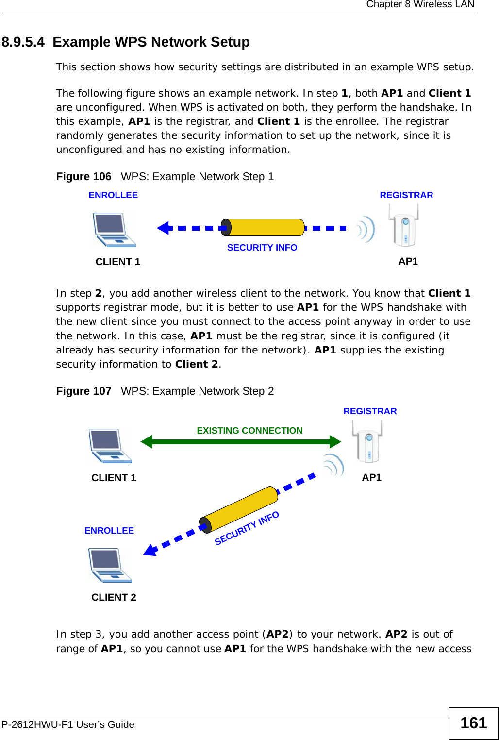  Chapter 8 Wireless LANP-2612HWU-F1 User’s Guide 1618.9.5.4  Example WPS Network SetupThis section shows how security settings are distributed in an example WPS setup.The following figure shows an example network. In step 1, both AP1 and Client 1 are unconfigured. When WPS is activated on both, they perform the handshake. In this example, AP1 is the registrar, and Client 1 is the enrollee. The registrar randomly generates the security information to set up the network, since it is unconfigured and has no existing information.Figure 106   WPS: Example Network Step 1In step 2, you add another wireless client to the network. You know that Client 1 supports registrar mode, but it is better to use AP1 for the WPS handshake with the new client since you must connect to the access point anyway in order to use the network. In this case, AP1 must be the registrar, since it is configured (it already has security information for the network). AP1 supplies the existing security information to Client 2.Figure 107   WPS: Example Network Step 2In step 3, you add another access point (AP2) to your network. AP2 is out of range of AP1, so you cannot use AP1 for the WPS handshake with the new access REGISTRARENROLLEESECURITY INFOCLIENT 1 AP1REGISTRARCLIENT 1 AP1ENROLLEECLIENT 2EXISTING CONNECTIONSECURITY INFO