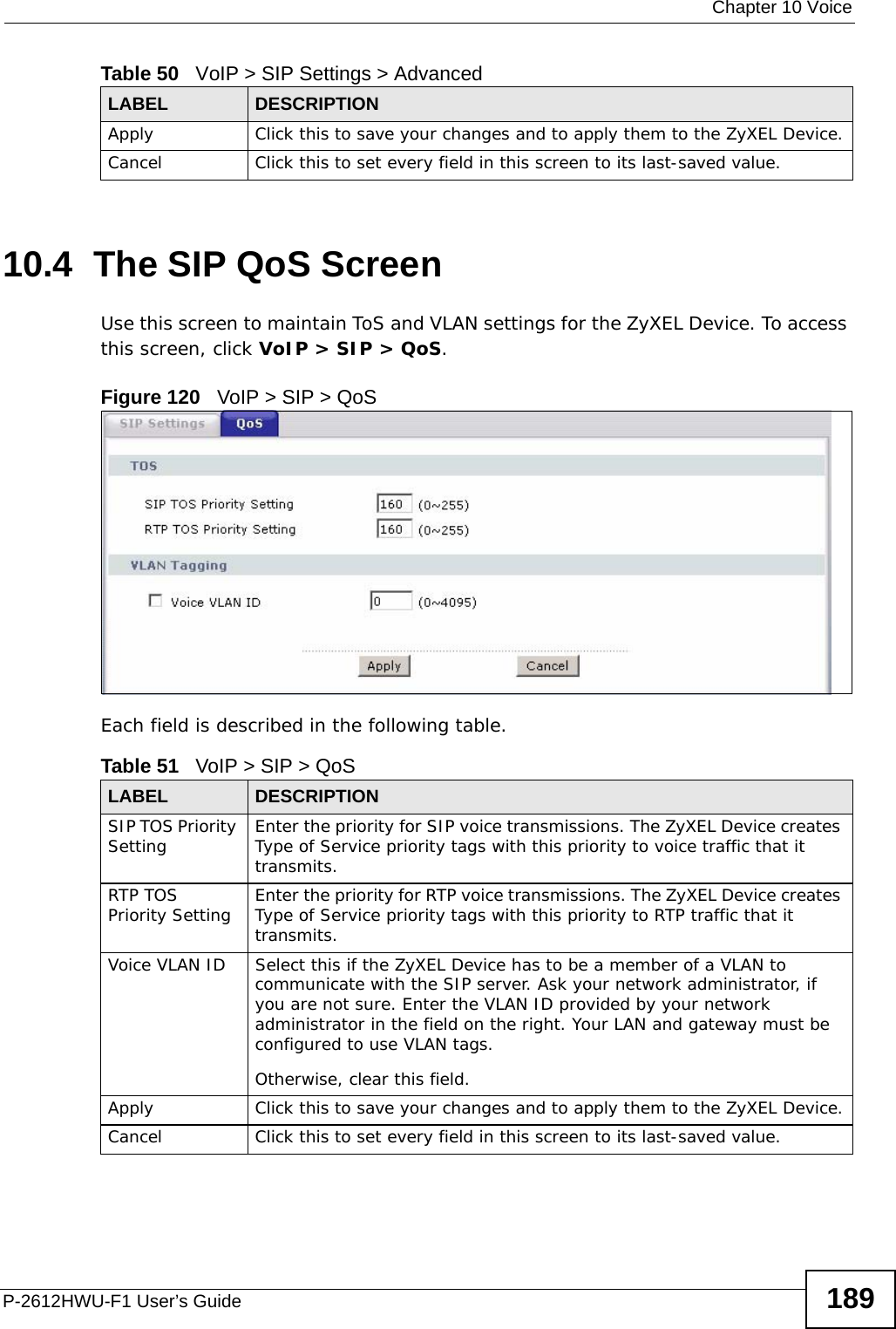 Chapter 10 VoiceP-2612HWU-F1 User’s Guide 18910.4  The SIP QoS Screen Use this screen to maintain ToS and VLAN settings for the ZyXEL Device. To access this screen, click VoIP &gt; SIP &gt; QoS.Figure 120   VoIP &gt; SIP &gt; QoSEach field is described in the following table.Apply Click this to save your changes and to apply them to the ZyXEL Device.Cancel Click this to set every field in this screen to its last-saved value.Table 50   VoIP &gt; SIP Settings &gt; AdvancedLABEL DESCRIPTIONTable 51   VoIP &gt; SIP &gt; QoSLABEL DESCRIPTIONSIP TOS Priority Setting Enter the priority for SIP voice transmissions. The ZyXEL Device creates Type of Service priority tags with this priority to voice traffic that it transmits.RTP TOS Priority Setting Enter the priority for RTP voice transmissions. The ZyXEL Device creates Type of Service priority tags with this priority to RTP traffic that it transmits.Voice VLAN ID Select this if the ZyXEL Device has to be a member of a VLAN to communicate with the SIP server. Ask your network administrator, if you are not sure. Enter the VLAN ID provided by your network administrator in the field on the right. Your LAN and gateway must be configured to use VLAN tags.Otherwise, clear this field.Apply Click this to save your changes and to apply them to the ZyXEL Device.Cancel Click this to set every field in this screen to its last-saved value.