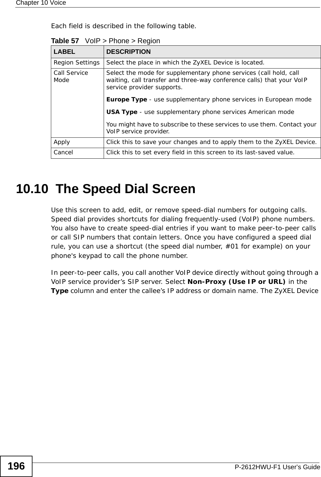 Chapter 10 VoiceP-2612HWU-F1 User’s Guide196Each field is described in the following table.10.10  The Speed Dial ScreenUse this screen to add, edit, or remove speed-dial numbers for outgoing calls. Speed dial provides shortcuts for dialing frequently-used (VoIP) phone numbers. You also have to create speed-dial entries if you want to make peer-to-peer calls or call SIP numbers that contain letters. Once you have configured a speed dial rule, you can use a shortcut (the speed dial number, #01 for example) on your phone&apos;s keypad to call the phone number.In peer-to-peer calls, you call another VoIP device directly without going through a VoIP service provider’s SIP server. Select Non-Proxy (Use IP or URL) in the Type column and enter the callee’s IP address or domain name. The ZyXEL Device Table 57   VoIP &gt; Phone &gt; RegionLABEL DESCRIPTIONRegion Settings Select the place in which the ZyXEL Device is located.Call Service Mode Select the mode for supplementary phone services (call hold, call waiting, call transfer and three-way conference calls) that your VoIP service provider supports.Europe Type - use supplementary phone services in European modeUSA Type - use supplementary phone services American modeYou might have to subscribe to these services to use them. Contact your VoIP service provider.Apply Click this to save your changes and to apply them to the ZyXEL Device.Cancel Click this to set every field in this screen to its last-saved value.