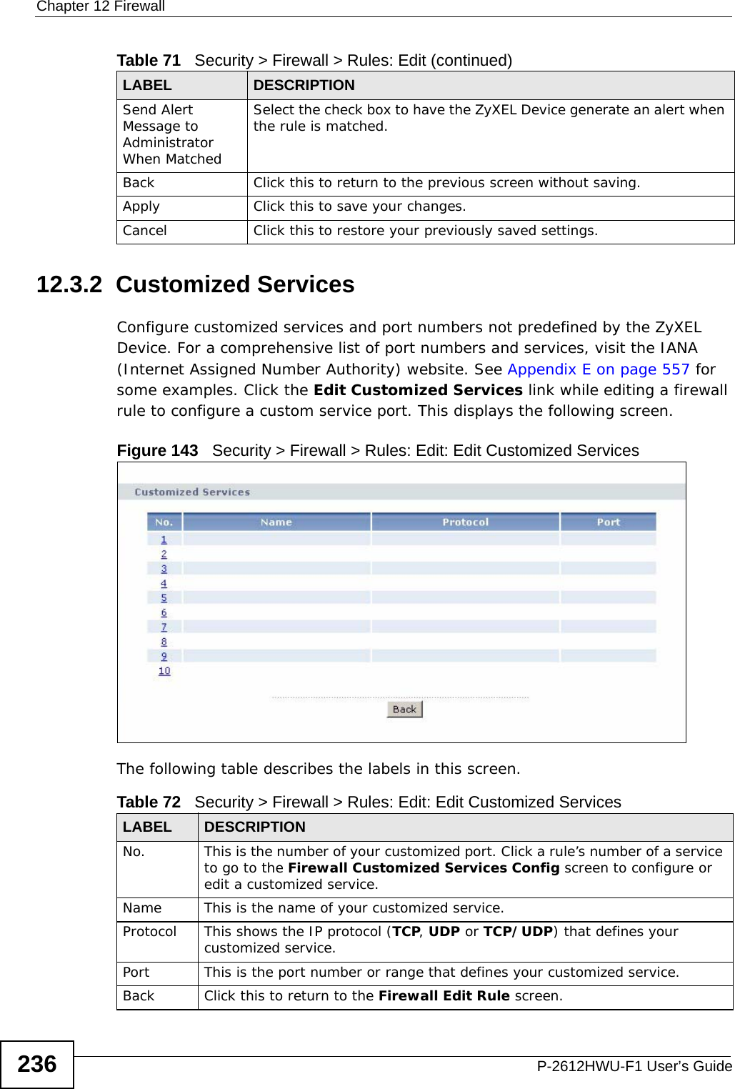 Chapter 12 FirewallP-2612HWU-F1 User’s Guide23612.3.2  Customized Services Configure customized services and port numbers not predefined by the ZyXEL Device. For a comprehensive list of port numbers and services, visit the IANA (Internet Assigned Number Authority) website. See Appendix E on page 557 for some examples. Click the Edit Customized Services link while editing a firewall rule to configure a custom service port. This displays the following screen.Figure 143   Security &gt; Firewall &gt; Rules: Edit: Edit Customized ServicesThe following table describes the labels in this screen. Send Alert Message to Administrator When MatchedSelect the check box to have the ZyXEL Device generate an alert when the rule is matched.Back Click this to return to the previous screen without saving.Apply Click this to save your changes.Cancel Click this to restore your previously saved settings.Table 71   Security &gt; Firewall &gt; Rules: Edit (continued)LABEL DESCRIPTIONTable 72   Security &gt; Firewall &gt; Rules: Edit: Edit Customized ServicesLABEL DESCRIPTIONNo. This is the number of your customized port. Click a rule’s number of a service to go to the Firewall Customized Services Config screen to configure or edit a customized service.Name This is the name of your customized service.Protocol This shows the IP protocol (TCP, UDP or TCP/UDP) that defines your customized service.Port This is the port number or range that defines your customized service.Back Click this to return to the Firewall Edit Rule screen.