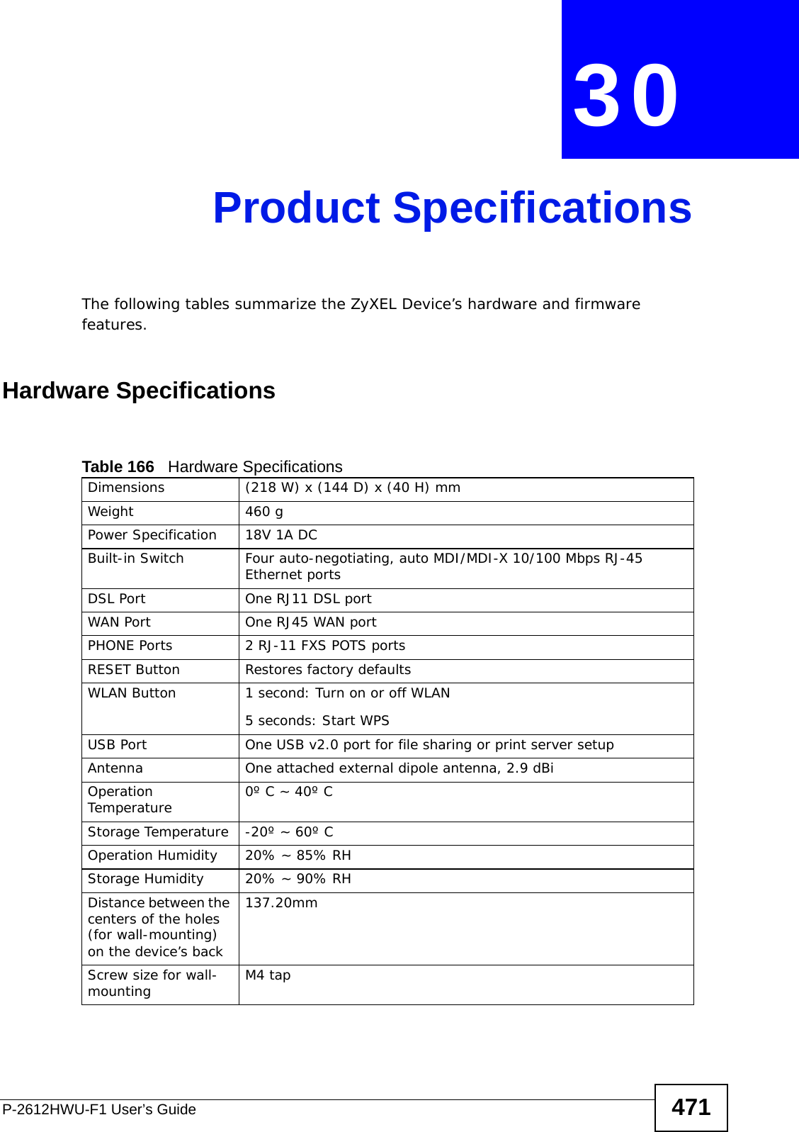 P-2612HWU-F1 User’s Guide 471CHAPTER  30 Product SpecificationsThe following tables summarize the ZyXEL Device’s hardware and firmware features.Hardware SpecificationsTable 166   Hardware SpecificationsDimensions (218 W) x (144 D) x (40 H) mmWeight 460 gPower Specification 18V 1A DCBuilt-in Switch Four auto-negotiating, auto MDI/MDI-X 10/100 Mbps RJ-45 Ethernet portsDSL Port One RJ11 DSL portWAN Port One RJ45 WAN portPHONE Ports 2 RJ-11 FXS POTS portsRESET Button Restores factory defaultsWLAN Button 1 second: Turn on or off WLAN5 seconds: Start WPSUSB Port One USB v2.0 port for file sharing or print server setupAntenna One attached external dipole antenna, 2.9 dBiOperation Temperature 0º C ~ 40º CStorage Temperature -20º ~ 60º COperation Humidity 20% ~ 85% RHStorage Humidity 20% ~ 90% RHDistance between the centers of the holes (for wall-mounting) on the device’s back137.20mmScrew size for wall-mounting M4 tap