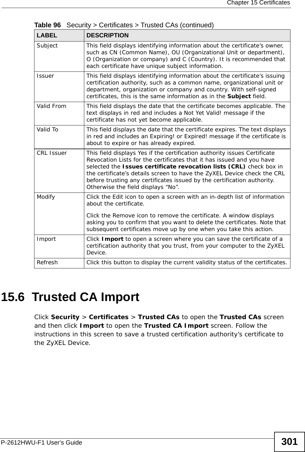  Chapter 15 CertificatesP-2612HWU-F1 User’s Guide 30115.6  Trusted CA Import   Click Security &gt; Certificates &gt; Trusted CAs to open the Trusted CAs screen and then click Import to open the Trusted CA Import screen. Follow the instructions in this screen to save a trusted certification authority’s certificate to the ZyXEL Device.Subject This field displays identifying information about the certificate’s owner, such as CN (Common Name), OU (Organizational Unit or department), O (Organization or company) and C (Country). It is recommended that each certificate have unique subject information.Issuer This field displays identifying information about the certificate’s issuing certification authority, such as a common name, organizational unit or department, organization or company and country. With self-signed certificates, this is the same information as in the Subject field.Valid From This field displays the date that the certificate becomes applicable. The text displays in red and includes a Not Yet Valid! message if the certificate has not yet become applicable.Valid To This field displays the date that the certificate expires. The text displays in red and includes an Expiring! or Expired! message if the certificate is about to expire or has already expired.CRL Issuer This field displays Yes if the certification authority issues Certificate Revocation Lists for the certificates that it has issued and you have selected the Issues certificate revocation lists (CRL) check box in the certificate’s details screen to have the ZyXEL Device check the CRL before trusting any certificates issued by the certification authority. Otherwise the field displays “No”.Modify Click the Edit icon to open a screen with an in-depth list of information about the certificate.Click the Remove icon to remove the certificate. A window displays asking you to confirm that you want to delete the certificates. Note that subsequent certificates move up by one when you take this action.Import Click Import to open a screen where you can save the certificate of a certification authority that you trust, from your computer to the ZyXEL Device.Refresh Click this button to display the current validity status of the certificates.Table 96   Security &gt; Certificates &gt; Trusted CAs (continued)LABEL DESCRIPTION