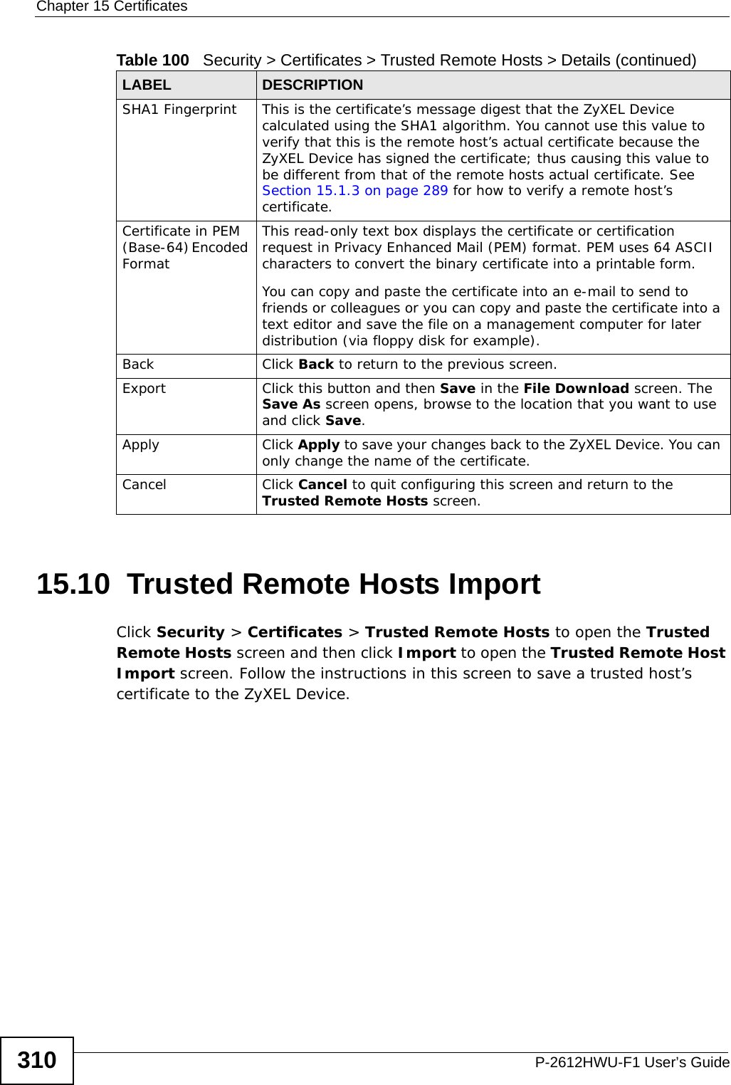 Chapter 15 CertificatesP-2612HWU-F1 User’s Guide31015.10  Trusted Remote Hosts Import   Click Security &gt; Certificates &gt; Trusted Remote Hosts to open the Trusted Remote Hosts screen and then click Import to open the Trusted Remote Host Import screen. Follow the instructions in this screen to save a trusted host’s certificate to the ZyXEL Device.SHA1 Fingerprint This is the certificate’s message digest that the ZyXEL Device calculated using the SHA1 algorithm. You cannot use this value to verify that this is the remote host’s actual certificate because the ZyXEL Device has signed the certificate; thus causing this value to be different from that of the remote hosts actual certificate. See Section 15.1.3 on page 289 for how to verify a remote host’s certificate.Certificate in PEM (Base-64) Encoded FormatThis read-only text box displays the certificate or certification request in Privacy Enhanced Mail (PEM) format. PEM uses 64 ASCII characters to convert the binary certificate into a printable form. You can copy and paste the certificate into an e-mail to send to friends or colleagues or you can copy and paste the certificate into a text editor and save the file on a management computer for later distribution (via floppy disk for example).Back Click Back to return to the previous screen.Export Click this button and then Save in the File Download screen. The Save As screen opens, browse to the location that you want to use and click Save.Apply Click Apply to save your changes back to the ZyXEL Device. You can only change the name of the certificate.Cancel Click Cancel to quit configuring this screen and return to the Trusted Remote Hosts screen.Table 100   Security &gt; Certificates &gt; Trusted Remote Hosts &gt; Details (continued)LABEL DESCRIPTION