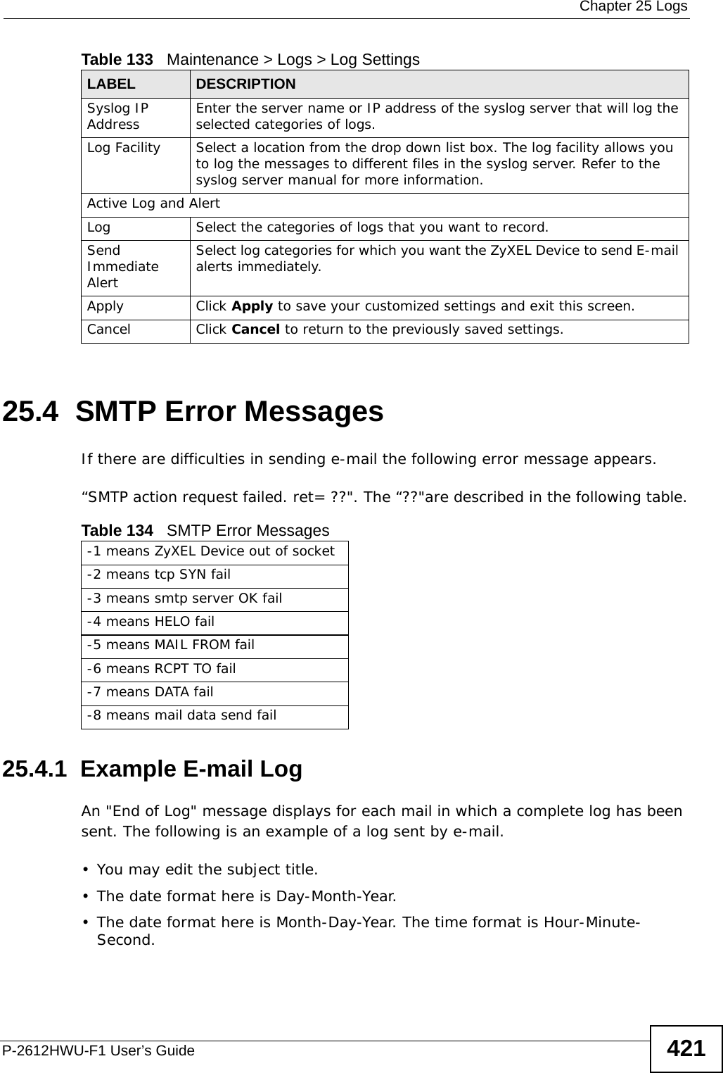  Chapter 25 LogsP-2612HWU-F1 User’s Guide 42125.4  SMTP Error MessagesIf there are difficulties in sending e-mail the following error message appears. “SMTP action request failed. ret= ??&quot;. The “??&quot;are described in the following table.25.4.1  Example E-mail LogAn &quot;End of Log&quot; message displays for each mail in which a complete log has been sent. The following is an example of a log sent by e-mail.• You may edit the subject title.• The date format here is Day-Month-Year.• The date format here is Month-Day-Year. The time format is Hour-Minute-Second.Syslog IP Address Enter the server name or IP address of the syslog server that will log the selected categories of logs. Log Facility  Select a location from the drop down list box. The log facility allows you to log the messages to different files in the syslog server. Refer to the syslog server manual for more information. Active Log and AlertLog Select the categories of logs that you want to record.Send Immediate Alert Select log categories for which you want the ZyXEL Device to send E-mail alerts immediately. Apply Click Apply to save your customized settings and exit this screen. Cancel Click Cancel to return to the previously saved settings.Table 133   Maintenance &gt; Logs &gt; Log SettingsLABEL DESCRIPTIONTable 134   SMTP Error Messages-1 means ZyXEL Device out of socket-2 means tcp SYN fail -3 means smtp server OK fail -4 means HELO fail -5 means MAIL FROM fail -6 means RCPT TO fail -7 means DATA fail -8 means mail data send fail 