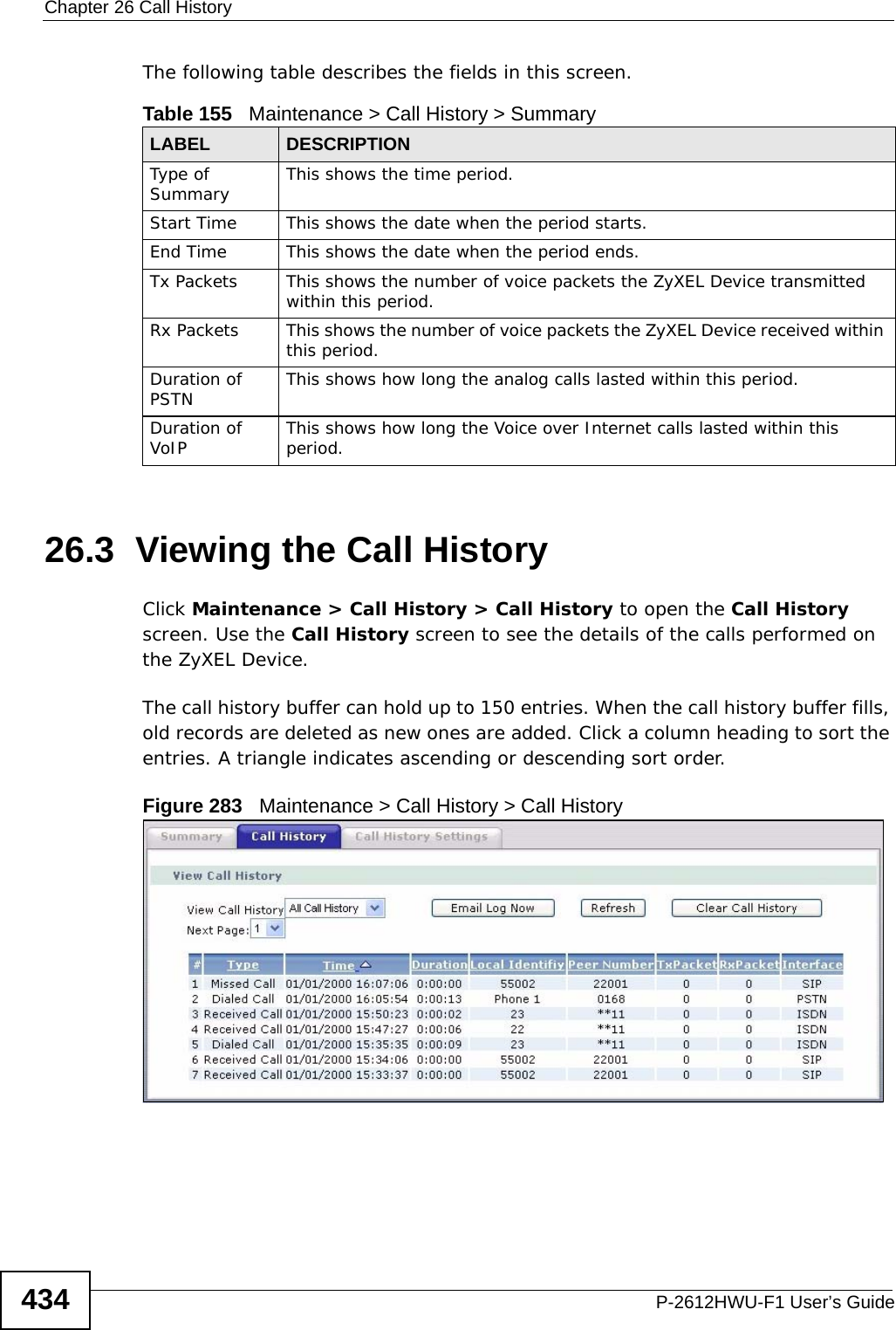 Chapter 26 Call HistoryP-2612HWU-F1 User’s Guide434The following table describes the fields in this screen.   26.3  Viewing the Call History Click Maintenance &gt; Call History &gt; Call History to open the Call History screen. Use the Call History screen to see the details of the calls performed on the ZyXEL Device. The call history buffer can hold up to 150 entries. When the call history buffer fills, old records are deleted as new ones are added. Click a column heading to sort the entries. A triangle indicates ascending or descending sort order. Figure 283   Maintenance &gt; Call History &gt; Call History Table 155   Maintenance &gt; Call History &gt; SummaryLABEL DESCRIPTIONType of Summary This shows the time period.Start Time This shows the date when the period starts.End Time  This shows the date when the period ends.Tx Packets This shows the number of voice packets the ZyXEL Device transmitted within this period.Rx Packets This shows the number of voice packets the ZyXEL Device received within this period.Duration of PSTN This shows how long the analog calls lasted within this period.Duration of VoIP This shows how long the Voice over Internet calls lasted within this period.