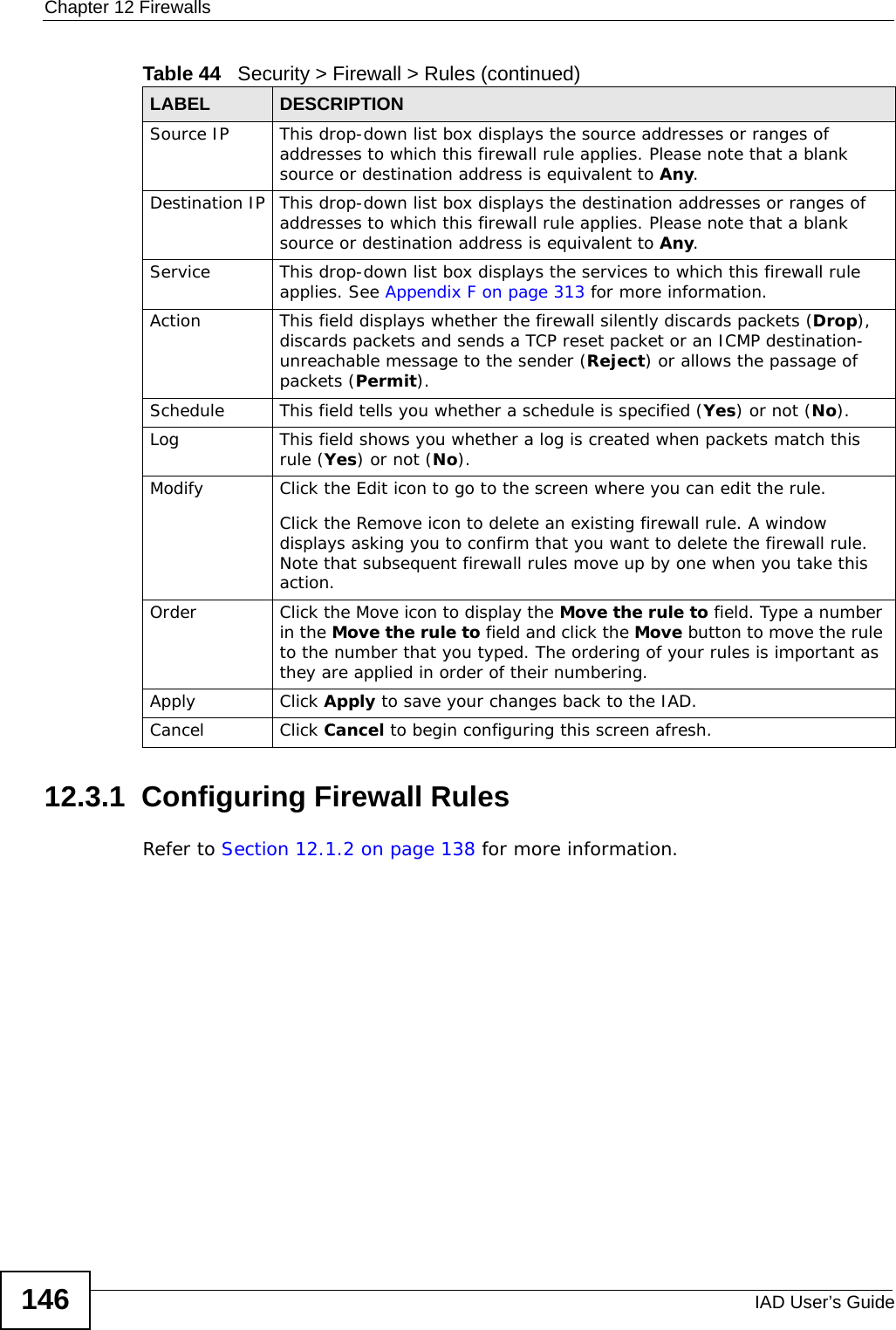 Chapter 12 FirewallsIAD User’s Guide14612.3.1  Configuring Firewall Rules   Refer to Section 12.1.2 on page 138 for more information. Source IP This drop-down list box displays the source addresses or ranges of addresses to which this firewall rule applies. Please note that a blank source or destination address is equivalent to Any.Destination IP This drop-down list box displays the destination addresses or ranges of addresses to which this firewall rule applies. Please note that a blank source or destination address is equivalent to Any.Service  This drop-down list box displays the services to which this firewall rule applies. See Appendix F on page 313 for more information.Action This field displays whether the firewall silently discards packets (Drop), discards packets and sends a TCP reset packet or an ICMP destination-unreachable message to the sender (Reject) or allows the passage of packets (Permit).Schedule This field tells you whether a schedule is specified (Yes) or not (No).Log This field shows you whether a log is created when packets match this rule (Yes) or not (No).Modify Click the Edit icon to go to the screen where you can edit the rule.Click the Remove icon to delete an existing firewall rule. A window displays asking you to confirm that you want to delete the firewall rule. Note that subsequent firewall rules move up by one when you take this action.Order Click the Move icon to display the Move the rule to field. Type a number in the Move the rule to field and click the Move button to move the rule to the number that you typed. The ordering of your rules is important as they are applied in order of their numbering.Apply Click Apply to save your changes back to the IAD.Cancel Click Cancel to begin configuring this screen afresh.Table 44   Security &gt; Firewall &gt; Rules (continued)LABEL DESCRIPTION