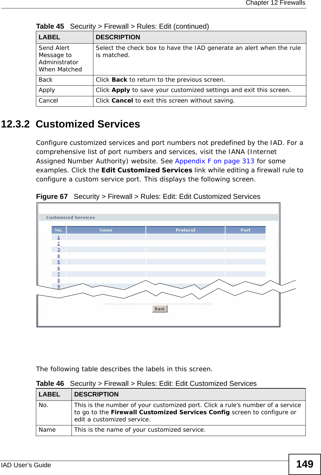  Chapter 12 FirewallsIAD User’s Guide 14912.3.2  Customized Services Configure customized services and port numbers not predefined by the IAD. For a comprehensive list of port numbers and services, visit the IANA (Internet Assigned Number Authority) website. See Appendix F on page 313 for some examples. Click the Edit Customized Services link while editing a firewall rule to configure a custom service port. This displays the following screen. Figure 67   Security &gt; Firewall &gt; Rules: Edit: Edit Customized ServicesThe following table describes the labels in this screen. Send Alert Message to Administrator When MatchedSelect the check box to have the IAD generate an alert when the rule is matched.Back Click Back to return to the previous screen.Apply Click Apply to save your customized settings and exit this screen.Cancel Click Cancel to exit this screen without saving.Table 45   Security &gt; Firewall &gt; Rules: Edit (continued)LABEL DESCRIPTIONTable 46   Security &gt; Firewall &gt; Rules: Edit: Edit Customized ServicesLABEL DESCRIPTIONNo. This is the number of your customized port. Click a rule’s number of a service to go to the Firewall Customized Services Config screen to configure or edit a customized service.Name This is the name of your customized service.