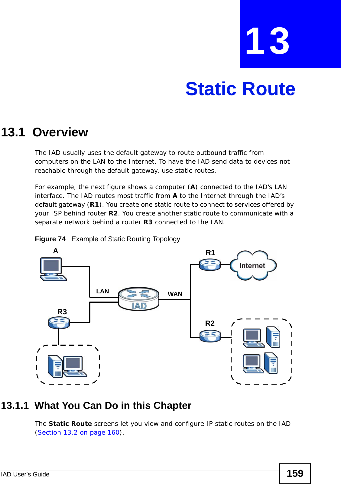 IAD User’s Guide 159CHAPTER  13 Static Route13.1  Overview   The IAD usually uses the default gateway to route outbound traffic from computers on the LAN to the Internet. To have the IAD send data to devices not reachable through the default gateway, use static routes.For example, the next figure shows a computer (A) connected to the IAD’s LAN interface. The IAD routes most traffic from A to the Internet through the IAD’s default gateway (R1). You create one static route to connect to services offered by your ISP behind router R2. You create another static route to communicate with a separate network behind a router R3 connected to the LAN. Figure 74   Example of Static Routing Topology13.1.1  What You Can Do in this ChapterThe Static Route screens let you view and configure IP static routes on the IAD (Section 13.2 on page 160).WANR1R2AR3LAN
