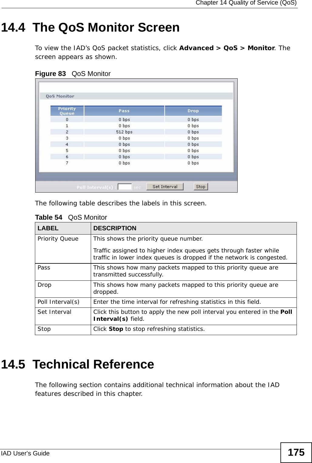  Chapter 14 Quality of Service (QoS)IAD User’s Guide 17514.4  The QoS Monitor Screen To view the IAD’s QoS packet statistics, click Advanced &gt; QoS &gt; Monitor. The screen appears as shown. Figure 83   QoS Monitor The following table describes the labels in this screen.  14.5  Technical ReferenceThe following section contains additional technical information about the IAD features described in this chapter.Table 54   QoS MonitorLABEL DESCRIPTIONPriority Queue This shows the priority queue number. Traffic assigned to higher index queues gets through faster while traffic in lower index queues is dropped if the network is congested.Pass This shows how many packets mapped to this priority queue are transmitted successfully.Drop This shows how many packets mapped to this priority queue are dropped.Poll Interval(s) Enter the time interval for refreshing statistics in this field.Set Interval Click this button to apply the new poll interval you entered in the Poll Interval(s) field.Stop Click Stop to stop refreshing statistics.