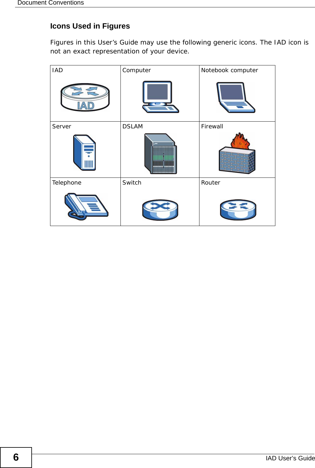 Document ConventionsIAD User’s Guide6Icons Used in FiguresFigures in this User’s Guide may use the following generic icons. The IAD icon is not an exact representation of your device.IAD Computer Notebook computerServer DSLAM FirewallTelephone Switch Router