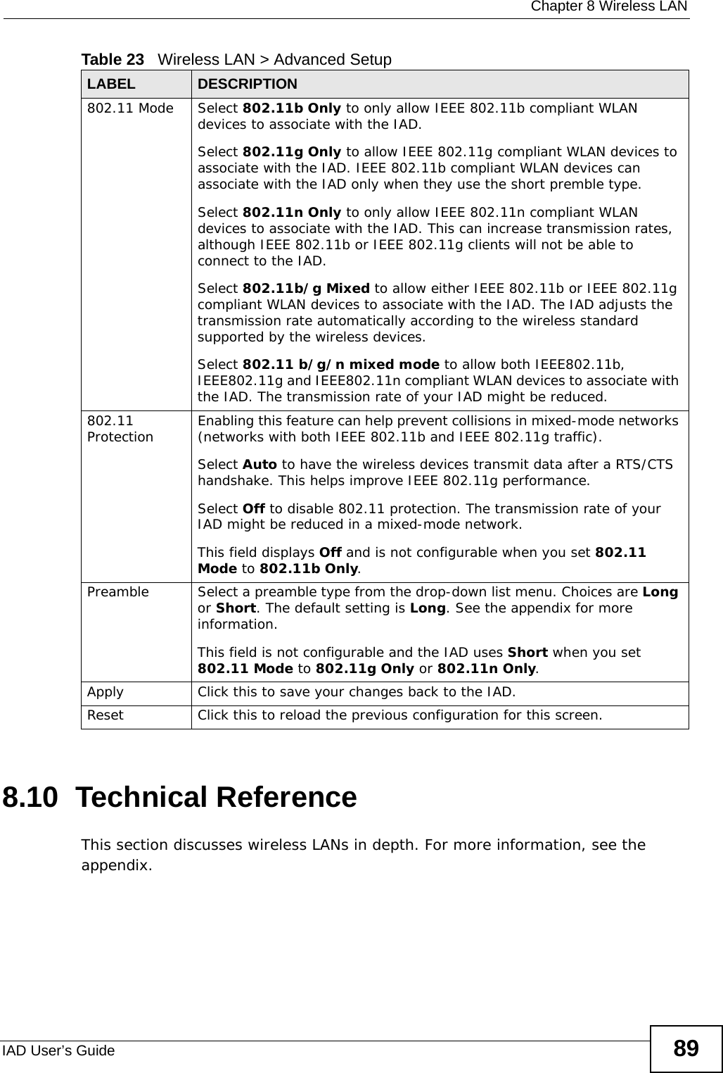 Chapter 8 Wireless LANIAD User’s Guide 898.10  Technical ReferenceThis section discusses wireless LANs in depth. For more information, see the appendix.802.11 Mode Select 802.11b Only to only allow IEEE 802.11b compliant WLAN devices to associate with the IAD. Select 802.11g Only to allow IEEE 802.11g compliant WLAN devices to associate with the IAD. IEEE 802.11b compliant WLAN devices can associate with the IAD only when they use the short premble type.Select 802.11n Only to only allow IEEE 802.11n compliant WLAN devices to associate with the IAD. This can increase transmission rates, although IEEE 802.11b or IEEE 802.11g clients will not be able to connect to the IAD.Select 802.11b/g Mixed to allow either IEEE 802.11b or IEEE 802.11g compliant WLAN devices to associate with the IAD. The IAD adjusts the transmission rate automatically according to the wireless standard supported by the wireless devices.Select 802.11 b/g/n mixed mode to allow both IEEE802.11b, IEEE802.11g and IEEE802.11n compliant WLAN devices to associate with the IAD. The transmission rate of your IAD might be reduced.802.11 Protection Enabling this feature can help prevent collisions in mixed-mode networks (networks with both IEEE 802.11b and IEEE 802.11g traffic).Select Auto to have the wireless devices transmit data after a RTS/CTS handshake. This helps improve IEEE 802.11g performance.Select Off to disable 802.11 protection. The transmission rate of your IAD might be reduced in a mixed-mode network.This field displays Off and is not configurable when you set 802.11 Mode to 802.11b Only.Preamble Select a preamble type from the drop-down list menu. Choices are Long or Short. The default setting is Long. See the appendix for more information.This field is not configurable and the IAD uses Short when you set 802.11 Mode to 802.11g Only or 802.11n Only.Apply Click this to save your changes back to the IAD.Reset Click this to reload the previous configuration for this screen.Table 23   Wireless LAN &gt; Advanced SetupLABEL DESCRIPTION
