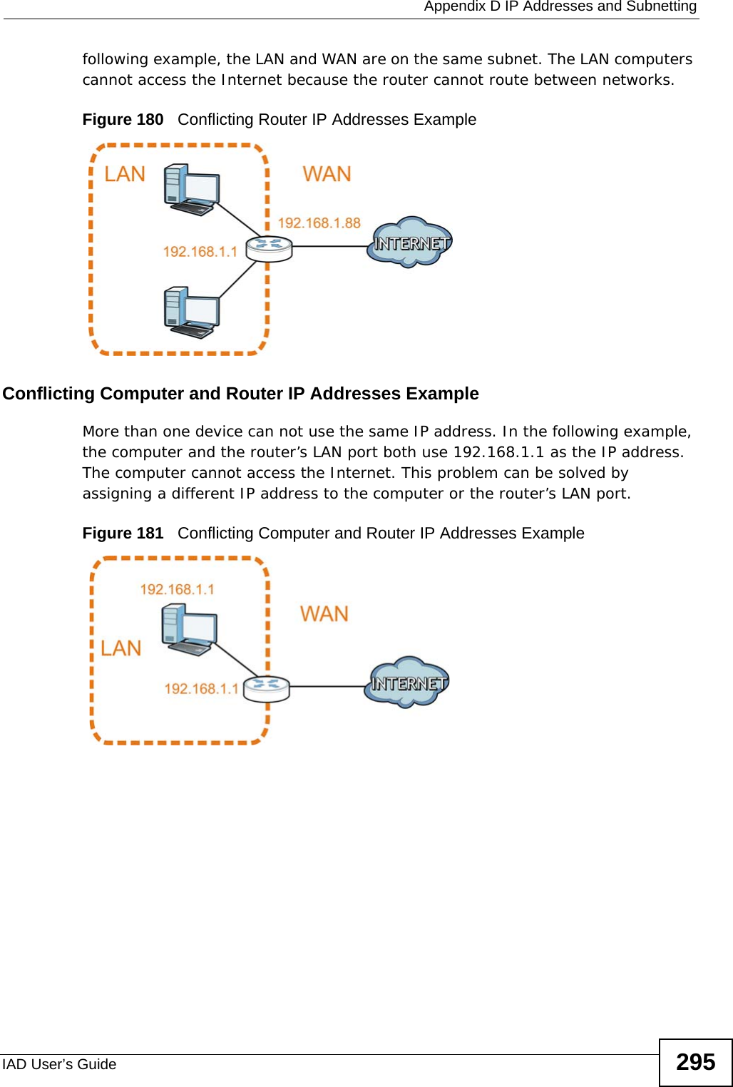  Appendix D IP Addresses and SubnettingIAD User’s Guide 295following example, the LAN and WAN are on the same subnet. The LAN computers cannot access the Internet because the router cannot route between networks.Figure 180   Conflicting Router IP Addresses ExampleConflicting Computer and Router IP Addresses ExampleMore than one device can not use the same IP address. In the following example, the computer and the router’s LAN port both use 192.168.1.1 as the IP address. The computer cannot access the Internet. This problem can be solved by assigning a different IP address to the computer or the router’s LAN port.  Figure 181   Conflicting Computer and Router IP Addresses Example
