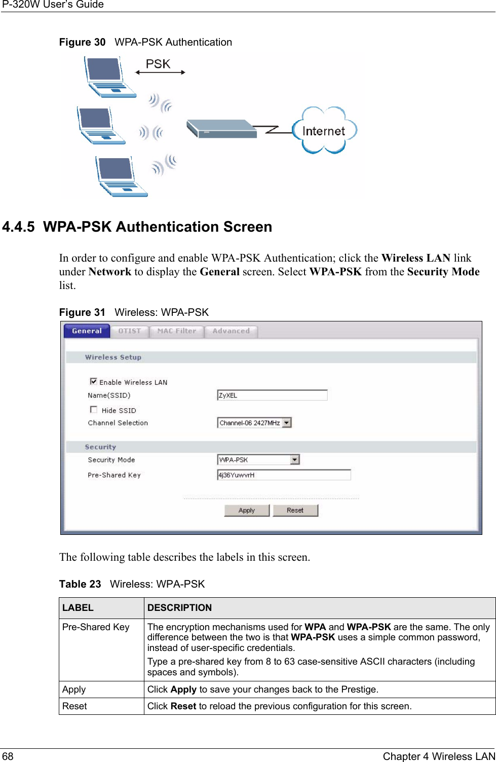 P-320W User’s Guide68  Chapter 4 Wireless LANFigure 30   WPA-PSK Authentication4.4.5  WPA-PSK Authentication ScreenIn order to configure and enable WPA-PSK Authentication; click the Wireless LAN link under Network to display the General screen. Select WPA-PSK from the Security Mode list.Figure 31   Wireless: WPA-PSKThe following table describes the labels in this screen.Table 23   Wireless: WPA-PSKLABEL DESCRIPTIONPre-Shared Key  The encryption mechanisms used for WPA and WPA-PSK are the same. The only difference between the two is that WPA-PSK uses a simple common password, instead of user-specific credentials.Type a pre-shared key from 8 to 63 case-sensitive ASCII characters (including spaces and symbols).Apply Click Apply to save your changes back to the Prestige.Reset Click Reset to reload the previous configuration for this screen.
