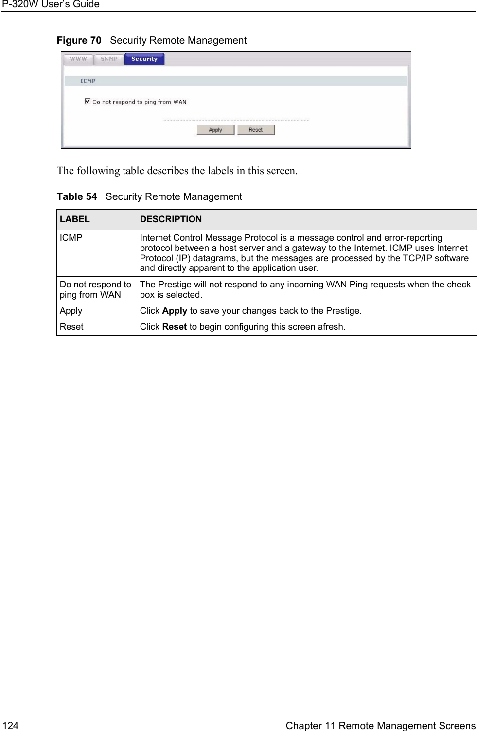 P-320W User’s Guide124  Chapter 11 Remote Management ScreensFigure 70   Security Remote ManagementThe following table describes the labels in this screen.Table 54   Security Remote ManagementLABEL DESCRIPTIONICMP Internet Control Message Protocol is a message control and error-reporting protocol between a host server and a gateway to the Internet. ICMP uses Internet Protocol (IP) datagrams, but the messages are processed by the TCP/IP software and directly apparent to the application user.  Do not respond to ping from WANThe Prestige will not respond to any incoming WAN Ping requests when the check box is selected. Apply Click Apply to save your changes back to the Prestige. Reset Click Reset to begin configuring this screen afresh.