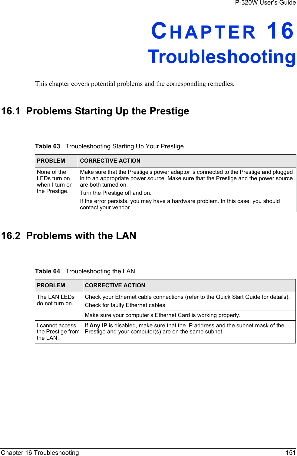 P-320W User’s GuideChapter 16 Troubleshooting 151CHAPTER 16TroubleshootingThis chapter covers potential problems and the corresponding remedies.16.1  Problems Starting Up the PrestigeTable 63   Troubleshooting Starting Up Your PrestigePROBLEM CORRECTIVE ACTIONNone of the LEDs turn on when I turn on the Prestige.Make sure that the Prestige’s power adaptor is connected to the Prestige and plugged in to an appropriate power source. Make sure that the Prestige and the power source are both turned on.Turn the Prestige off and on.If the error persists, you may have a hardware problem. In this case, you should contact your vendor.16.2  Problems with the LANTable 64   Troubleshooting the LANPROBLEM CORRECTIVE ACTIONThe LAN LEDs do not turn on.Check your Ethernet cable connections (refer to the Quick Start Guide for details). Check for faulty Ethernet cables.Make sure your computer’s Ethernet Card is working properly.I cannot access the Prestige from the LAN. If Any IP is disabled, make sure that the IP address and the subnet mask of the Prestige and your computer(s) are on the same subnet.