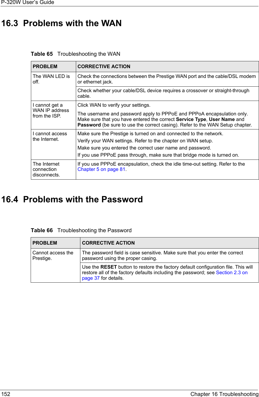 P-320W User’s Guide152  Chapter 16 Troubleshooting16.3  Problems with the WANTable 65   Troubleshooting the WANPROBLEM CORRECTIVE ACTIONThe WAN LED is off.Check the connections between the Prestige WAN port and the cable/DSL modem or ethernet jack.Check whether your cable/DSL device requires a crossover or straight-through cable.I cannot get a WAN IP address from the ISP.Click WAN to verify your settings.The username and password apply to PPPoE and PPPoA encapsulation only. Make sure that you have entered the correct Service Type, User Name and Password (be sure to use the correct casing). Refer to the WAN Setup chapter.I cannot access the Internet.Make sure the Prestige is turned on and connected to the network.Verify your WAN settings. Refer to the chapter on WAN setup.Make sure you entered the correct user name and password.If you use PPPoE pass through, make sure that bridge mode is turned on. The Internet connection disconnects.If you use PPPoE encapsulation, check the idle time-out setting. Refer to the Chapter 5 on page 81. 16.4  Problems with the PasswordTable 66   Troubleshooting the PasswordPROBLEM CORRECTIVE ACTIONCannot access the Prestige. The password field is case sensitive. Make sure that you enter the correct password using the proper casing.Use the RESET button to restore the factory default configuration file. This will restore all of the factory defaults including the password; see Section 2.3 on page 37 for details.