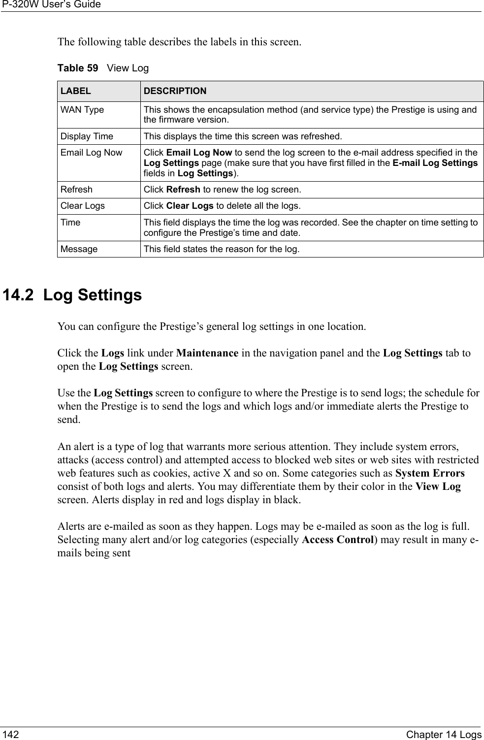 P-320W User’s Guide142  Chapter 14 LogsThe following table describes the labels in this screen.Table 59   View LogLABEL DESCRIPTIONWAN Type This shows the encapsulation method (and service type) the Prestige is using and the firmware version.Display Time This displays the time this screen was refreshed.Email Log Now  Click Email Log Now to send the log screen to the e-mail address specified in the Log Settings page (make sure that you have first filled in the E-mail Log Settings fields in Log Settings).Refresh Click Refresh to renew the log screen. Clear Logs  Click Clear Logs to delete all the logs. Time  This field displays the time the log was recorded. See the chapter on time setting to configure the Prestige’s time and date.Message This field states the reason for the log.14.2  Log SettingsYou can configure the Prestige’s general log settings in one location.Click the Logs link under Maintenance in the navigation panel and the Log Settings tab to open the Log Settings screen.Use the Log Settings screen to configure to where the Prestige is to send logs; the schedule for when the Prestige is to send the logs and which logs and/or immediate alerts the Prestige to send.An alert is a type of log that warrants more serious attention. They include system errors, attacks (access control) and attempted access to blocked web sites or web sites with restricted web features such as cookies, active X and so on. Some categories such as System Errors consist of both logs and alerts. You may differentiate them by their color in the View Log screen. Alerts display in red and logs display in black.Alerts are e-mailed as soon as they happen. Logs may be e-mailed as soon as the log is full. Selecting many alert and/or log categories (especially Access Control) may result in many e-mails being sent