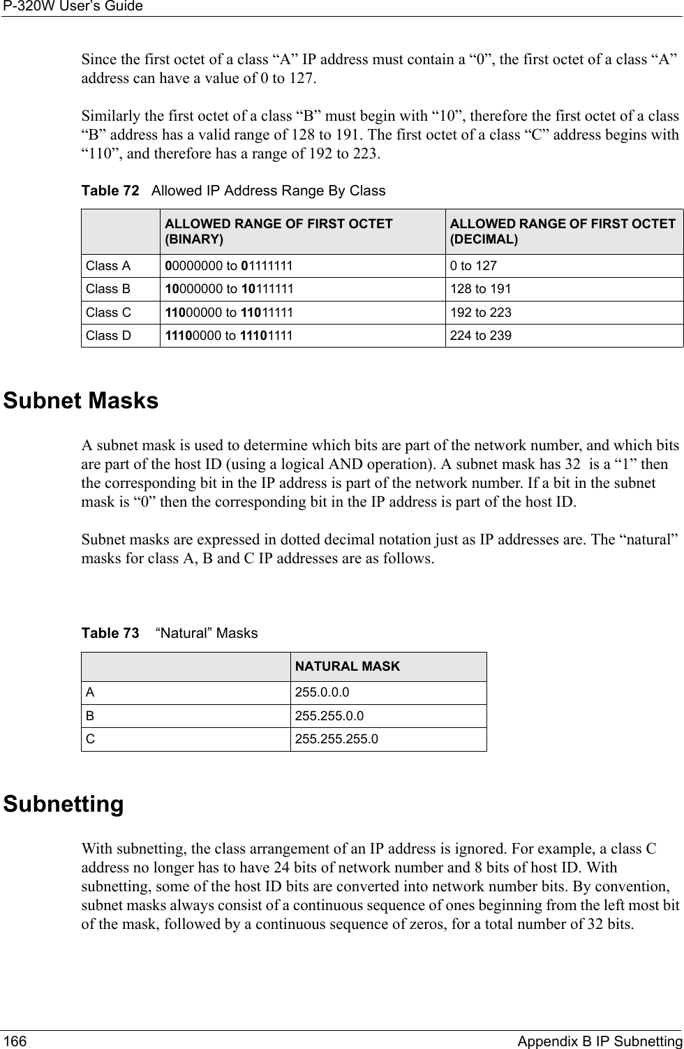 P-320W User’s Guide166  Appendix B IP SubnettingSince the first octet of a class “A” IP address must contain a “0”, the first octet of a class “A” address can have a value of 0 to 127. Similarly the first octet of a class “B” must begin with “10”, therefore the first octet of a class “B” address has a valid range of 128 to 191. The first octet of a class “C” address begins with “110”, and therefore has a range of 192 to 223. Table 72   Allowed IP Address Range By Class CLASS ALLOWED RANGE OF FIRST OCTET (BINARY)ALLOWED RANGE OF FIRST OCTET (DECIMAL)Class A 00000000 to 01111111 0 to 127Class B 10000000 to 10111111 128 to 191Class C 11000000 to 11011111 192 to 223Class D 11100000 to 11101111 224 to 239Subnet MasksA subnet mask is used to determine which bits are part of the network number, and which bits are part of the host ID (using a logical AND operation). A subnet mask has 32  is a “1” then the corresponding bit in the IP address is part of the network number. If a bit in the subnet mask is “0” then the corresponding bit in the IP address is part of the host ID. Subnet masks are expressed in dotted decimal notation just as IP addresses are. The “natural” masks for class A, B and C IP addresses are as follows.Table 73    “Natural” Masks CLASS NATURAL MASKA255.0.0.0B255.255.0.0C255.255.255.0SubnettingWith subnetting, the class arrangement of an IP address is ignored. For example, a class C address no longer has to have 24 bits of network number and 8 bits of host ID. With subnetting, some of the host ID bits are converted into network number bits. By convention, subnet masks always consist of a continuous sequence of ones beginning from the left most bit of the mask, followed by a continuous sequence of zeros, for a total number of 32 bits.