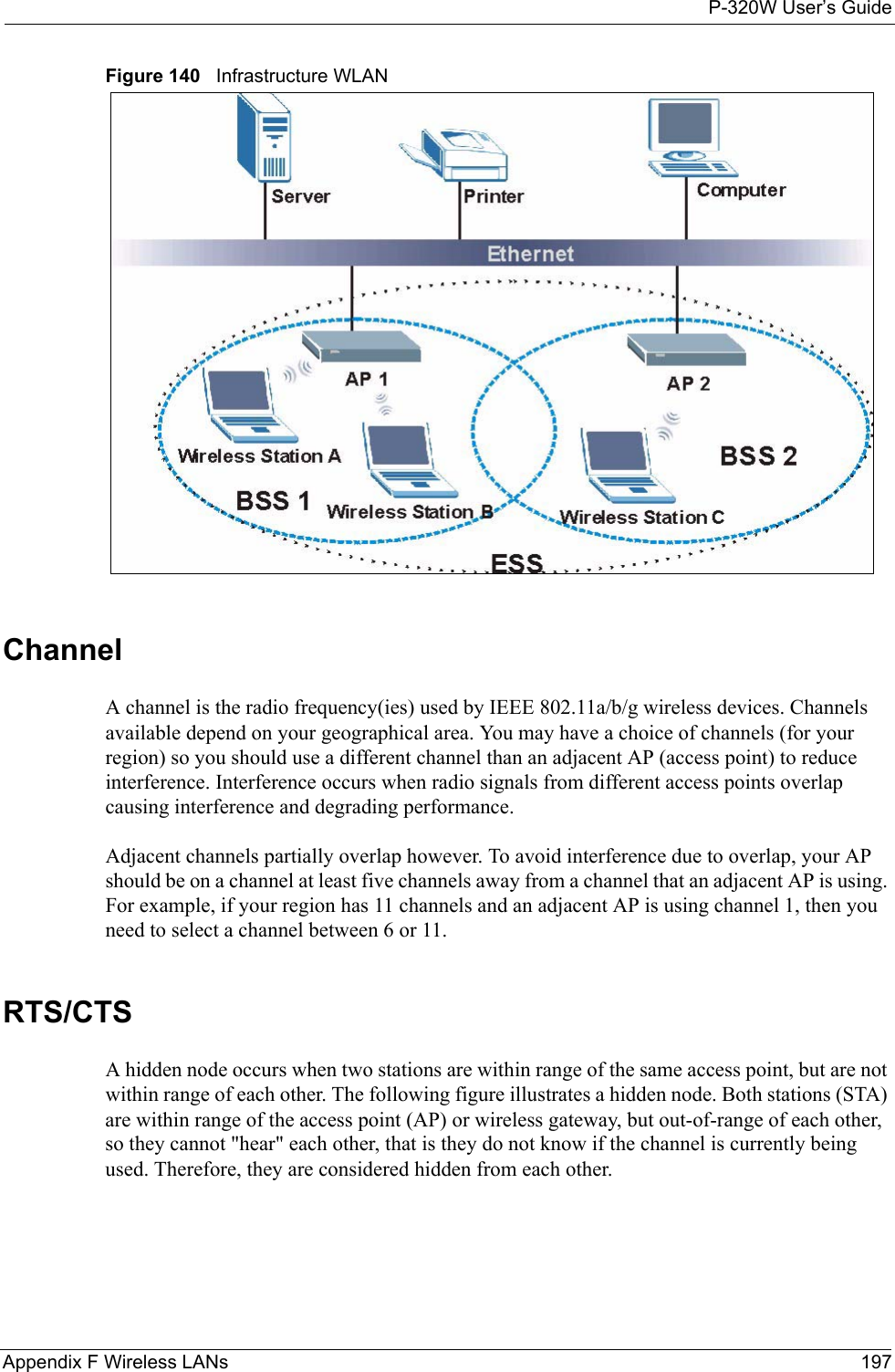 P-320W User’s GuideAppendix F Wireless LANs 197Figure 140   Infrastructure WLANChannelA channel is the radio frequency(ies) used by IEEE 802.11a/b/g wireless devices. Channels available depend on your geographical area. You may have a choice of channels (for your region) so you should use a different channel than an adjacent AP (access point) to reduce interference. Interference occurs when radio signals from different access points overlap causing interference and degrading performance.Adjacent channels partially overlap however. To avoid interference due to overlap, your AP should be on a channel at least five channels away from a channel that an adjacent AP is using. For example, if your region has 11 channels and an adjacent AP is using channel 1, then you need to select a channel between 6 or 11.RTS/CTSA hidden node occurs when two stations are within range of the same access point, but are not within range of each other. The following figure illustrates a hidden node. Both stations (STA) are within range of the access point (AP) or wireless gateway, but out-of-range of each other, so they cannot &quot;hear&quot; each other, that is they do not know if the channel is currently being used. Therefore, they are considered hidden from each other. 