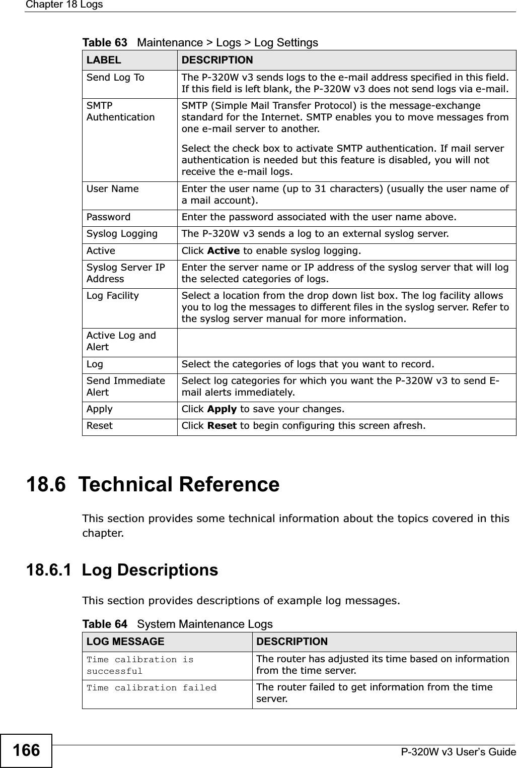 Chapter 18 LogsP-320W v3 User’s Guide16618.6  Technical ReferenceThis section provides some technical information about the topics covered in this chapter.18.6.1  Log DescriptionsThis section provides descriptions of example log messages. Send Log To  The P-320W v3 sends logs to the e-mail address specified in this field. If this field is left blank, the P-320W v3 does not send logs via e-mail. SMTP AuthenticationSMTP (Simple Mail Transfer Protocol) is the message-exchange standard for the Internet. SMTP enables you to move messages from one e-mail server to another.Select the check box to activate SMTP authentication. If mail server authentication is needed but this feature is disabled, you will not receive the e-mail logs.User Name Enter the user name (up to 31 characters) (usually the user name of a mail account).Password Enter the password associated with the user name above.Syslog Logging The P-320W v3 sends a log to an external syslog server.Active Click Active to enable syslog logging. Syslog Server IP AddressEnter the server name or IP address of the syslog server that will log the selected categories of logs. Log Facility  Select a location from the drop down list box. The log facility allows you to log the messages to different files in the syslog server. Refer to the syslog server manual for more information. Active Log and AlertLog Select the categories of logs that you want to record.Send Immediate AlertSelect log categories for which you want the P-320W v3 to send E-mail alerts immediately. Apply Click Apply to save your changes. Reset  Click Reset to begin configuring this screen afresh. Table 63   Maintenance &gt; Logs &gt; Log SettingsLABEL DESCRIPTIONTable 64   System Maintenance LogsLOG MESSAGE DESCRIPTIONTime calibration is successfulThe router has adjusted its time based on information from the time server.Time calibration failed The router failed to get information from the time server.