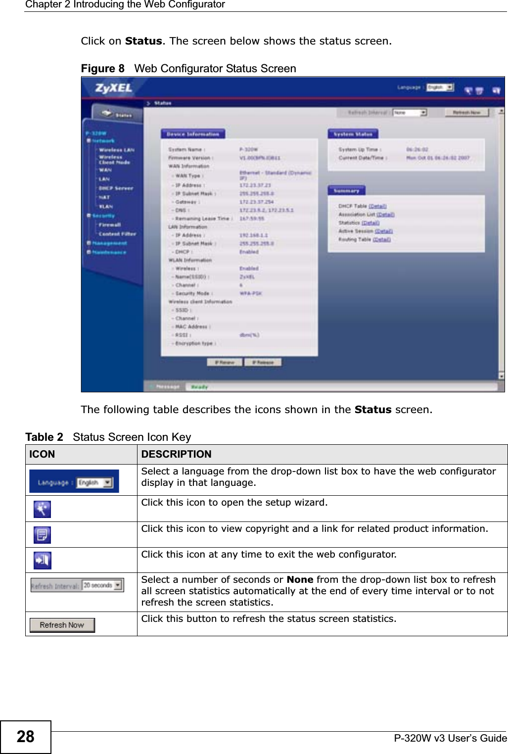 Chapter 2 Introducing the Web ConfiguratorP-320W v3 User’s Guide28Click on Status. The screen below shows the status screen. Figure 8   Web Configurator Status Screen The following table describes the icons shown in the Status screen.Table 2   Status Screen Icon KeyICON DESCRIPTIONSelect a language from the drop-down list box to have the web configurator display in that language.Click this icon to open the setup wizard. Click this icon to view copyright and a link for related product information.Click this icon at any time to exit the web configurator.Select a number of seconds or None from the drop-down list box to refresh all screen statistics automatically at the end of every time interval or to not refresh the screen statistics.Click this button to refresh the status screen statistics.