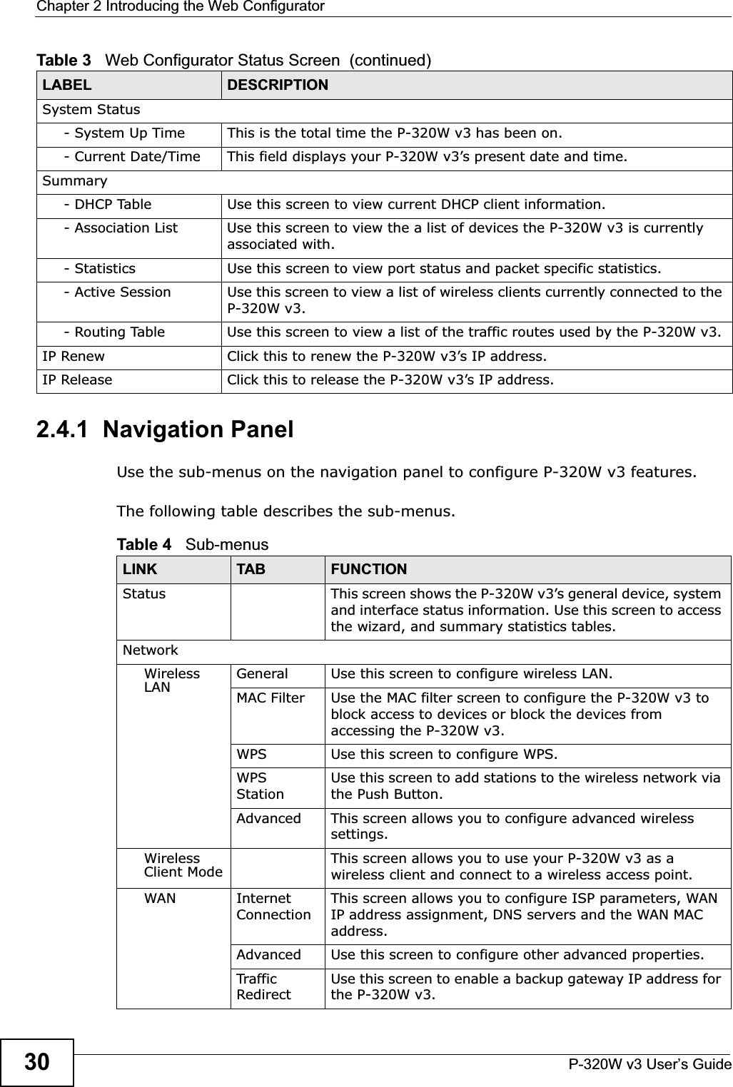 Chapter 2 Introducing the Web ConfiguratorP-320W v3 User’s Guide302.4.1  Navigation PanelUse the sub-menus on the navigation panel to configure P-320W v3 features. The following table describes the sub-menus.System Status- System Up Time This is the total time the P-320W v3 has been on.- Current Date/Time This field displays your P-320W v3’s present date and time.Summary- DHCP Table Use this screen to view current DHCP client information.- Association List Use this screen to view the a list of devices the P-320W v3 is currently associated with.- Statistics Use this screen to view port status and packet specific statistics.- Active Session Use this screen to view a list of wireless clients currently connected to the P-320W v3.- Routing Table Use this screen to view a list of the traffic routes used by the P-320W v3. IP Renew  Click this to renew the P-320W v3’s IP address.IP Release Click this to release the P-320W v3’s IP address. Table 3   Web Configurator Status Screen  (continued) LABEL DESCRIPTIONTable 4   Sub-menusLINK TAB FUNCTIONStatus This screen shows the P-320W v3’s general device, system and interface status information. Use this screen to access the wizard, and summary statistics tables.NetworkWirelessLAN General Use this screen to configure wireless LAN.MAC Filter Use the MAC filter screen to configure the P-320W v3 to block access to devices or block the devices from accessing the P-320W v3.WPS Use this screen to configure WPS.WPS StationUse this screen to add stations to the wireless network via the Push Button.Advanced This screen allows you to configure advanced wireless settings.WirelessClient Mode This screen allows you to use your P-320W v3 as a wireless client and connect to a wireless access point.WAN Internet ConnectionThis screen allows you to configure ISP parameters, WAN IP address assignment, DNS servers and the WAN MAC address.Advanced Use this screen to configure other advanced properties.Traffic RedirectUse this screen to enable a backup gateway IP address for the P-320W v3.