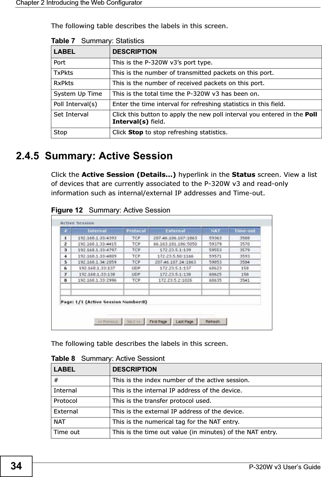 Chapter 2 Introducing the Web ConfiguratorP-320W v3 User’s Guide34The following table describes the labels in this screen. 2.4.5  Summary: Active SessionClick the Active Session (Details...) hyperlink in the Status screen. View a list of devices that are currently associated to the P-320W v3 and read-only information such as internal/external IP addresses and Time-out.Figure 12   Summary: Active SessionThe following table describes the labels in this screen.Table 7   Summary: StatisticsLABEL DESCRIPTIONPort This is the P-320W v3’s port type.TxPkts  This is the number of transmitted packets on this port.RxPkts  This is the number of received packets on this port.System Up Time This is the total time the P-320W v3 has been on.Poll Interval(s) Enter the time interval for refreshing statistics in this field.Set Interval Click this button to apply the new poll interval you entered in the PollInterval(s) field.Stop Click Stop to stop refreshing statistics.Table 8   Summary: Active SessiontLABEL DESCRIPTION#This is the index number of the active session. Internal  This is the internal IP address of the device.Protocol This is the transfer protocol used.External This is the external IP address of the device.NAT This is the numerical tag for the NAT entry.Time out This is the time out value (in minutes) of the NAT entry.
