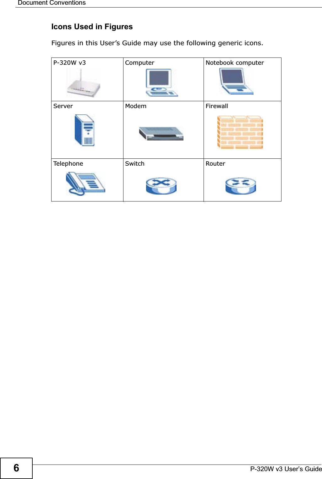 Document ConventionsP-320W v3 User’s Guide6Icons Used in FiguresFigures in this User’s Guide may use the following generic icons.P-320W v3 Computer Notebook computerServer Modem FirewallTelephone Switch Router
