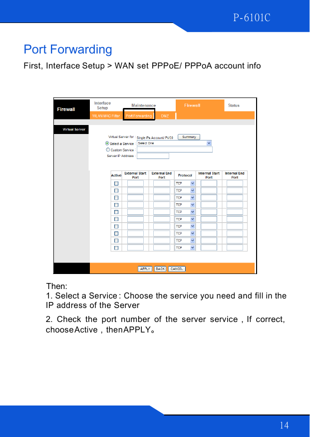P-6101C 14      Port Forwarding  First, Interface Setup &gt; WAN  set  PPPoE/ PPPoA account info                               Then: 1. Select a Service : Choose the service you need and fill in the IP address of the Server 2.  Check  the  port  number  of  the  server  service，If  correct, choose Active，then APPLY。  