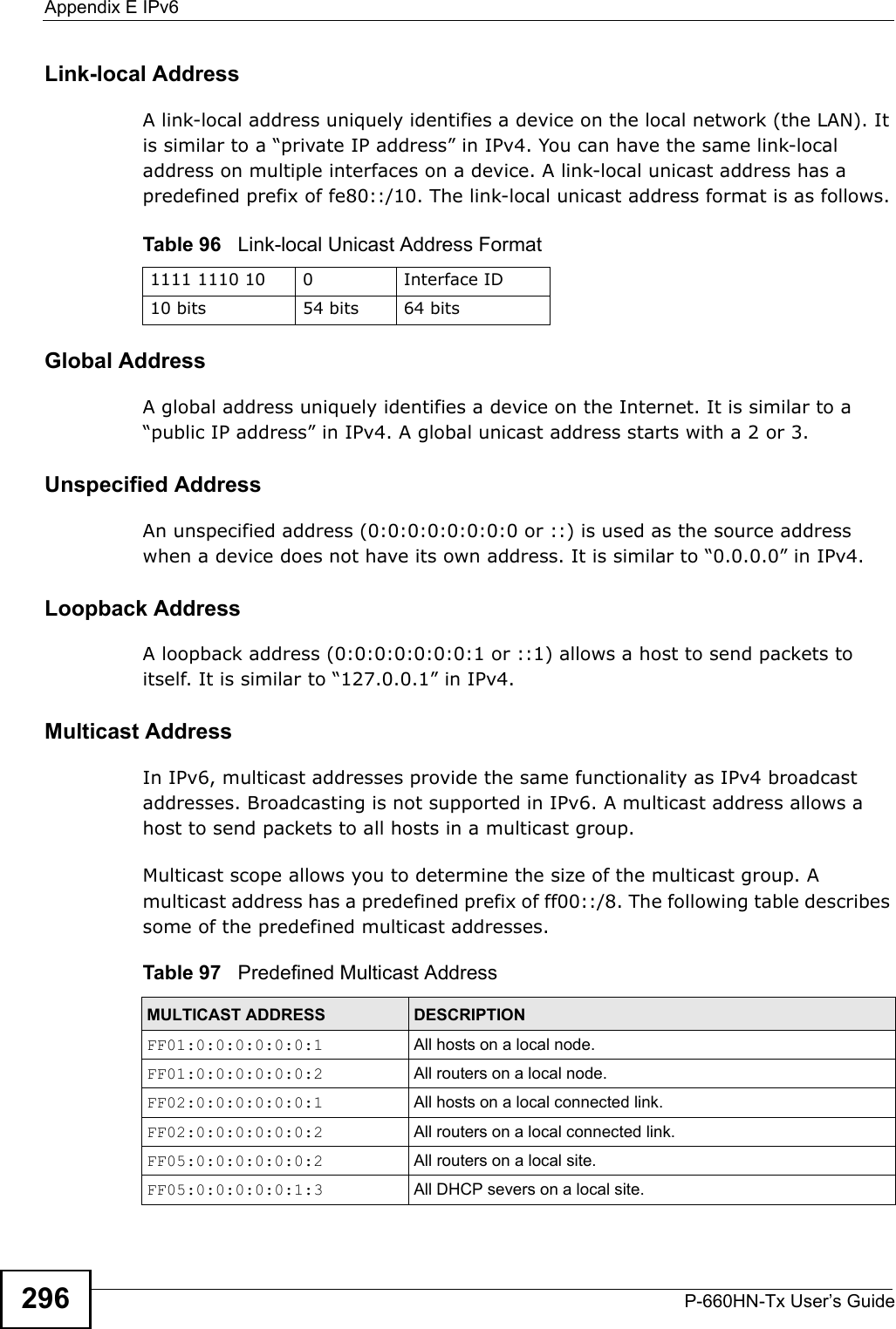 Appendix E IPv6P-660HN-Tx User’s Guide296Link-local AddressA link-local address uniquely identifies a device on the local network (the LAN). It is similar to a “private IP address” in IPv4. You can have the same link-local address on multiple interfaces on a device. A link-local unicast address has a predefined prefix of fe80::/10. The link-local unicast address format is as follows.Table 96   Link-local Unicast Address FormatGlobal AddressA global address uniquely identifies a device on the Internet. It is similar to a “public IP address” in IPv4. A global unicast address starts with a 2 or 3. Unspecified AddressAn unspecified address (0:0:0:0:0:0:0:0 or ::) is used as the source address when a device does not have its own address. It is similar to “0.0.0.0” in IPv4.Loopback AddressA loopback address (0:0:0:0:0:0:0:1 or ::1) allows a host to send packets to itself. It is similar to “127.0.0.1” in IPv4.Multicast AddressIn IPv6, multicast addresses provide the same functionality as IPv4 broadcast addresses. Broadcasting is not supported in IPv6. A multicast address allows a host to send packets to all hosts in a multicast group. Multicast scope allows you to determine the size of the multicast group. A multicast address has a predefined prefix of ff00::/8. The following table describes some of the predefined multicast addresses. 1111 1110 10 0 Interface ID10 bits 54 bits 64 bitsTable 97   Predefined Multicast AddressMULTICAST ADDRESS DESCRIPTIONFF01:0:0:0:0:0:0:1 All hosts on a local node. FF01:0:0:0:0:0:0:2 All routers on a local node.FF02:0:0:0:0:0:0:1 All hosts on a local connected link.FF02:0:0:0:0:0:0:2 All routers on a local connected link.FF05:0:0:0:0:0:0:2 All routers on a local site. FF05:0:0:0:0:0:1:3 All DHCP severs on a local site. 