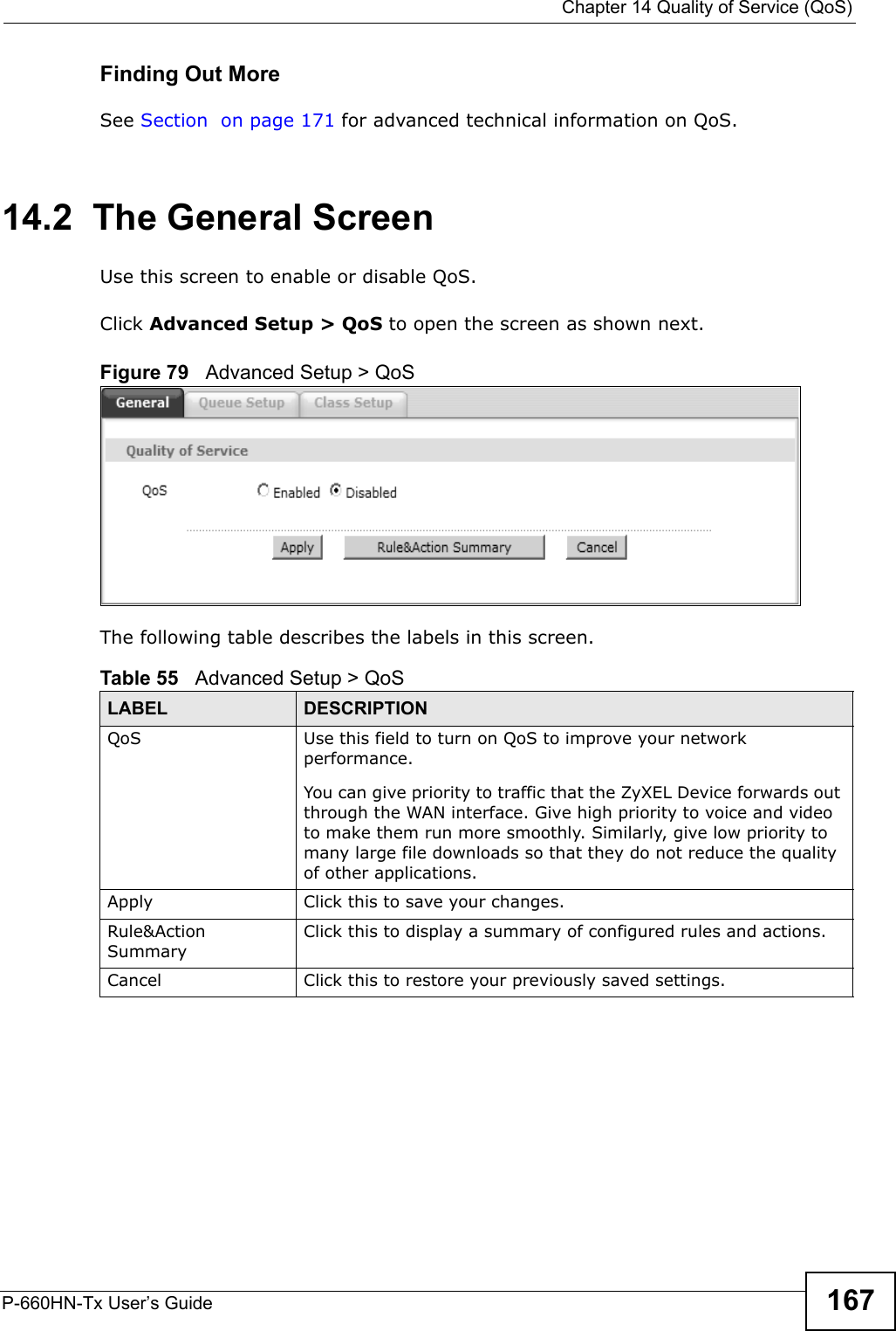  Chapter 14 Quality of Service (QoS)P-660HN-Tx User’s Guide 167Finding Out MoreSee Section  on page 171 for advanced technical information on QoS.14.2  The General ScreenUse this screen to enable or disable QoS.  Click Advanced Setup &gt; QoS to open the screen as shown next.Figure 79   Advanced Setup &gt; QoS The following table describes the labels in this screen. Table 55   Advanced Setup &gt; QoSLABEL DESCRIPTIONQoS Use this field to turn on QoS to improve your network performance. You can give priority to traffic that the ZyXEL Device forwards out through the WAN interface. Give high priority to voice and video to make them run more smoothly. Similarly, give low priority to many large file downloads so that they do not reduce the quality of other applications. Apply Click this to save your changes.Rule&amp;Action SummaryClick this to display a summary of configured rules and actions.Cancel Click this to restore your previously saved settings.