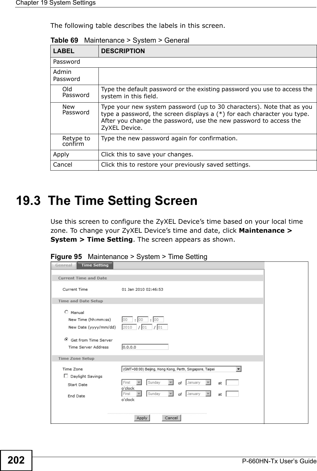 Chapter 19 System SettingsP-660HN-Tx User’s Guide202The following table describes the labels in this screen. 19.3  The Time Setting Screen Use this screen to configure the ZyXEL Device’s time based on your local time zone. To change your ZyXEL Device’s time and date, click Maintenance &gt; System &gt; Time Setting. The screen appears as shown.Figure 95   Maintenance &gt; System &gt; Time SettingTable 69   Maintenance &gt; System &gt; GeneralLABEL DESCRIPTIONPasswordAdmin PasswordOld Password Type the default password or the existing password you use to access the system in this field.New Password Type your new system password (up to 30 characters). Note that as you type a password, the screen displays a (*) for each character you type. After you change the password, use the new password to access the ZyXEL Device.Retype to confirm Type the new password again for confirmation.Apply Click this to save your changes.Cancel Click this to restore your previously saved settings.