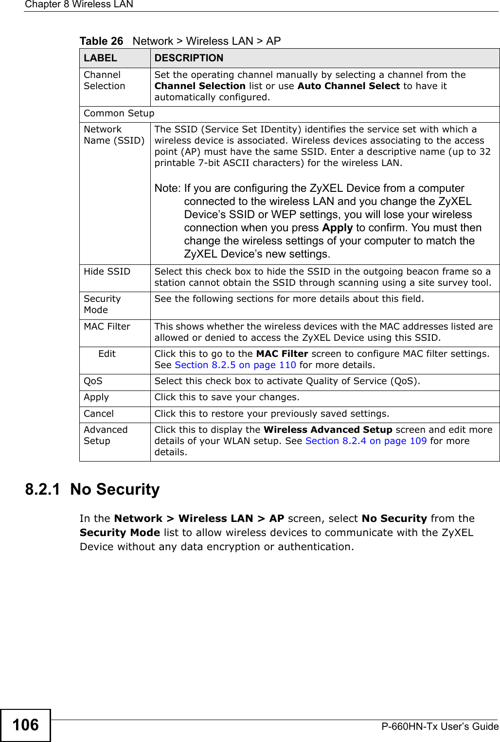 Chapter 8 Wireless LANP-660HN-Tx User’s Guide1068.2.1  No SecurityIn the Network &gt; Wireless LAN &gt; AP screen, select No Security from the Security Mode list to allow wireless devices to communicate with the ZyXEL Device without any data encryption or authentication.Channel SelectionSet the operating channel manually by selecting a channel from the Channel Selection list or use Auto Channel Select to have it automatically configured.Common SetupNetwork Name (SSID)The SSID (Service Set IDentity) identifies the service set with which a wireless device is associated. Wireless devices associating to the access point (AP) must have the same SSID. Enter a descriptive name (up to 32 printable 7-bit ASCII characters) for the wireless LAN. Note: If you are configuring the ZyXEL Device from a computer connected to the wireless LAN and you change the ZyXEL Device’s SSID or WEP settings, you will lose your wireless connection when you press Apply to confirm. You must then change the wireless settings of your computer to match the ZyXEL Device’s new settings.Hide SSID Select this check box to hide the SSID in the outgoing beacon frame so a station cannot obtain the SSID through scanning using a site survey tool.Security ModeSee the following sections for more details about this field.MAC Filter  This shows whether the wireless devices with the MAC addresses listed are allowed or denied to access the ZyXEL Device using this SSID.Edit Click this to go to the MAC Filter screen to configure MAC filter settings. See Section 8.2.5 on page 110 for more details.QoS Select this check box to activate Quality of Service (QoS). Apply Click this to save your changes.Cancel Click this to restore your previously saved settings.Advanced SetupClick this to display the Wireless Advanced Setup screen and edit more details of your WLAN setup. See Section 8.2.4 on page 109 for more details.Table 26   Network &gt; Wireless LAN &gt; APLABEL DESCRIPTION