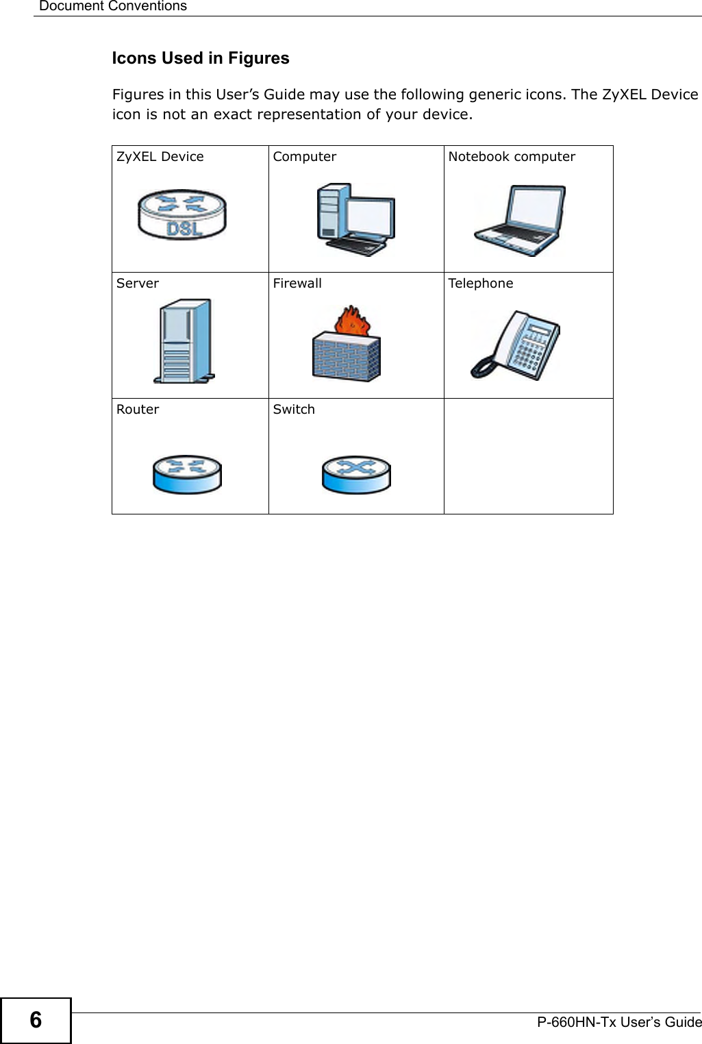 Document ConventionsP-660HN-Tx User’s Guide6Icons Used in FiguresFigures in this User’s Guide may use the following generic icons. The ZyXEL Device icon is not an exact representation of your device.ZyXEL Device Computer Notebook computerServer Firewall Telep honeRouter Switch