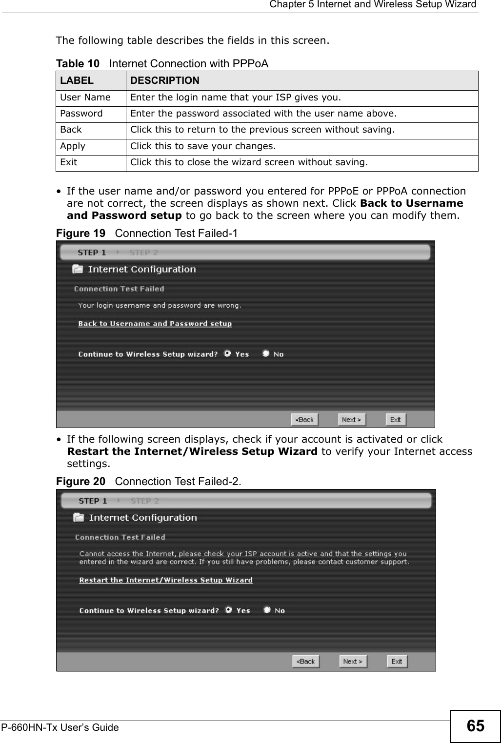  Chapter 5 Internet and Wireless Setup WizardP-660HN-Tx User’s Guide 65The following table describes the fields in this screen.• If the user name and/or password you entered for PPPoE or PPPoA connection are not correct, the screen displays as shown next. Click Back to Username and Password setup to go back to the screen where you can modify them.Figure 19   Connection Test Failed-1• If the following screen displays, check if your account is activated or click Restart the Internet/Wireless Setup Wizard to verify your Internet access settings. Figure 20   Connection Test Failed-2.Table 10   Internet Connection with PPPoALABEL DESCRIPTIONUser Name Enter the login name that your ISP gives you. Password Enter the password associated with the user name above.Back Click this to return to the previous screen without saving.Apply Click this to save your changes.Exit Click this to close the wizard screen without saving.