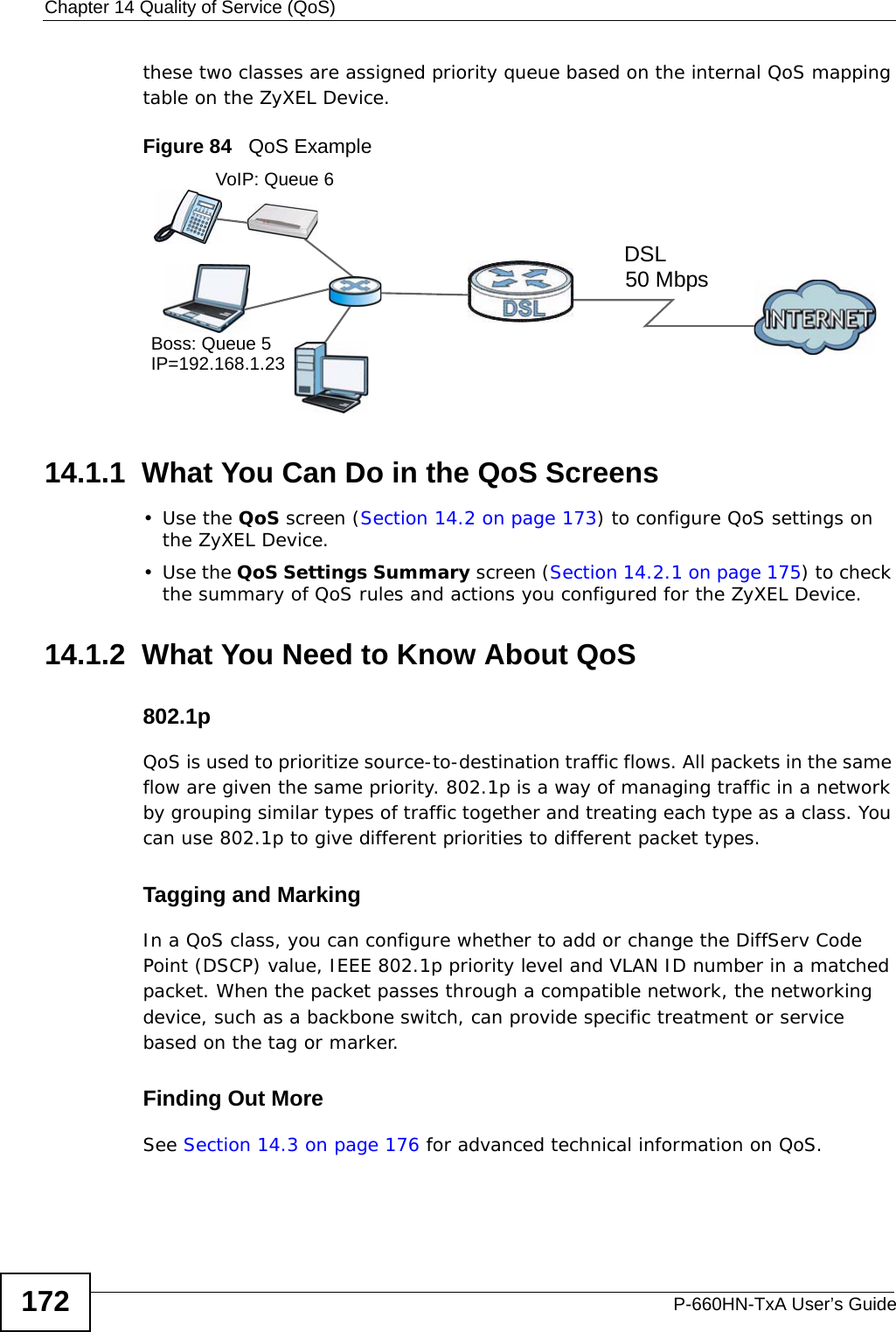 Chapter 14 Quality of Service (QoS)P-660HN-TxA User’s Guide172these two classes are assigned priority queue based on the internal QoS mapping table on the ZyXEL Device.Figure 84   QoS Example14.1.1  What You Can Do in the QoS Screens•Use the QoS screen (Section 14.2 on page 173) to configure QoS settings on the ZyXEL Device.•Use the QoS Settings Summary screen (Section 14.2.1 on page 175) to check the summary of QoS rules and actions you configured for the ZyXEL Device.14.1.2  What You Need to Know About QoS802.1pQoS is used to prioritize source-to-destination traffic flows. All packets in the same flow are given the same priority. 802.1p is a way of managing traffic in a network by grouping similar types of traffic together and treating each type as a class. You can use 802.1p to give different priorities to different packet types. Tagging and MarkingIn a QoS class, you can configure whether to add or change the DiffServ Code Point (DSCP) value, IEEE 802.1p priority level and VLAN ID number in a matched packet. When the packet passes through a compatible network, the networking device, such as a backbone switch, can provide specific treatment or service based on the tag or marker.Finding Out MoreSee Section 14.3 on page 176 for advanced technical information on QoS.50 MbpsDSLVoIP: Queue 6Boss: Queue 5IP=192.168.1.23