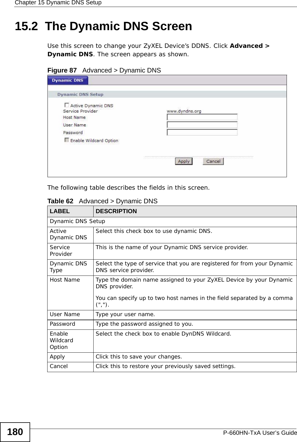 Chapter 15 Dynamic DNS SetupP-660HN-TxA User’s Guide18015.2  The Dynamic DNS ScreenUse this screen to change your ZyXEL Device’s DDNS. Click Advanced &gt; Dynamic DNS. The screen appears as shown.Figure 87   Advanced &gt; Dynamic DNSThe following table describes the fields in this screen. Table 62   Advanced &gt; Dynamic DNSLABEL DESCRIPTIONDynamic DNS SetupActive Dynamic DNS Select this check box to use dynamic DNS.Service Provider This is the name of your Dynamic DNS service provider.Dynamic DNS Type Select the type of service that you are registered for from your Dynamic DNS service provider.Host Name Type the domain name assigned to your ZyXEL Device by your Dynamic DNS provider.You can specify up to two host names in the field separated by a comma (&quot;,&quot;).User Name Type your user name.Password Type the password assigned to you.Enable Wildcard OptionSelect the check box to enable DynDNS Wildcard.Apply Click this to save your changes.Cancel Click this to restore your previously saved settings.