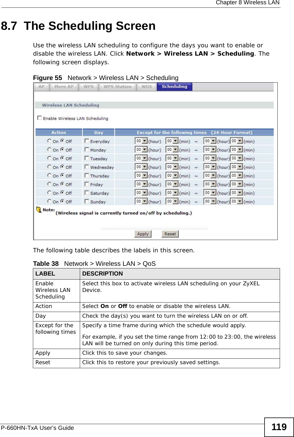  Chapter 8 Wireless LANP-660HN-TxA User’s Guide 1198.7  The Scheduling ScreenUse the wireless LAN scheduling to configure the days you want to enable or disable the wireless LAN. Click Network &gt; Wireless LAN &gt; Scheduling. The following screen displays.Figure 55   Network &gt; Wireless LAN &gt; SchedulingThe following table describes the labels in this screen.Table 38   Network &gt; Wireless LAN &gt; QoSLABEL DESCRIPTIONEnable Wireless LAN SchedulingSelect this box to activate wireless LAN scheduling on your ZyXEL Device.Action Select On or Off to enable or disable the wireless LAN.Day Check the day(s) you want to turn the wireless LAN on or off.Except for the following times Specify a time frame during which the schedule would apply.For example, if you set the time range from 12:00 to 23:00, the wireless LAN will be turned on only during this time period.Apply Click this to save your changes.Reset Click this to restore your previously saved settings.